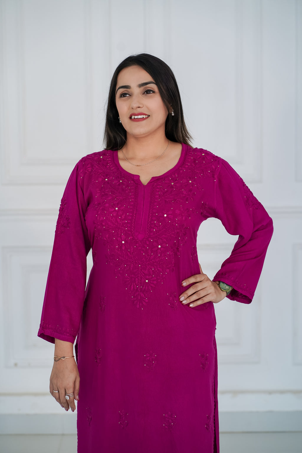 Rani Pink Long Chikankari Kurti