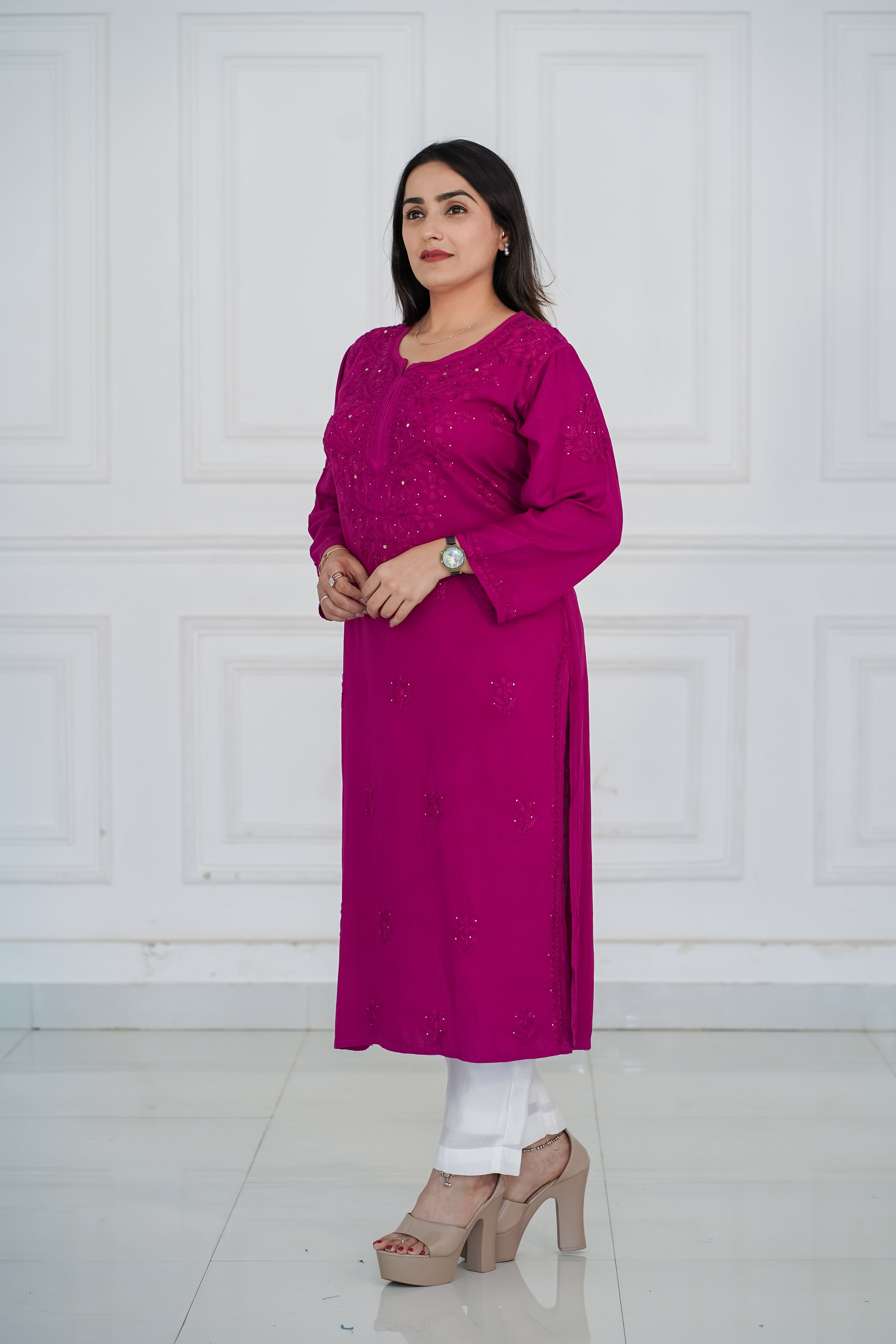Rani Pink Long Chikankari Kurti
