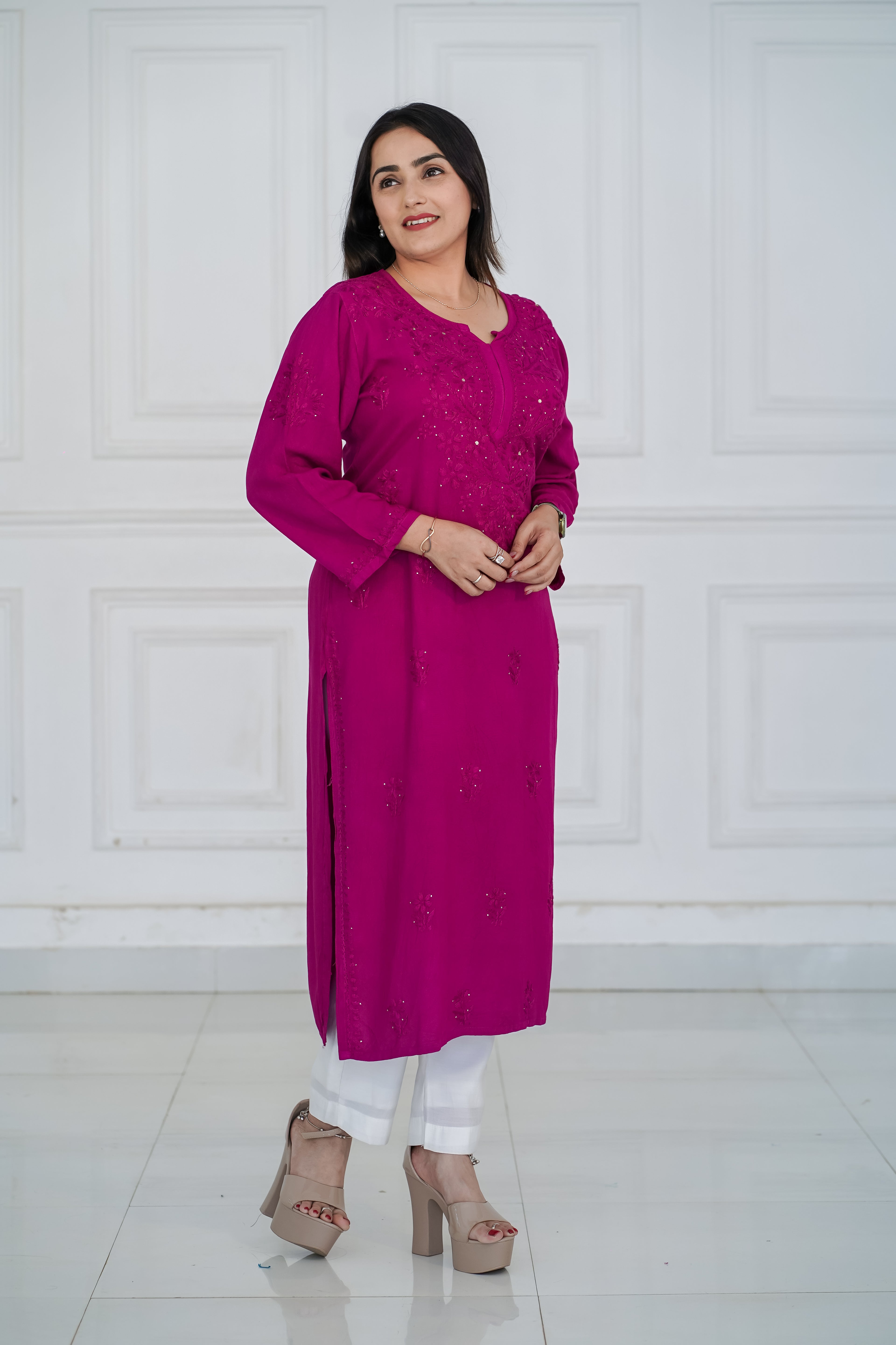 Rani Pink Long Chikankari Kurti