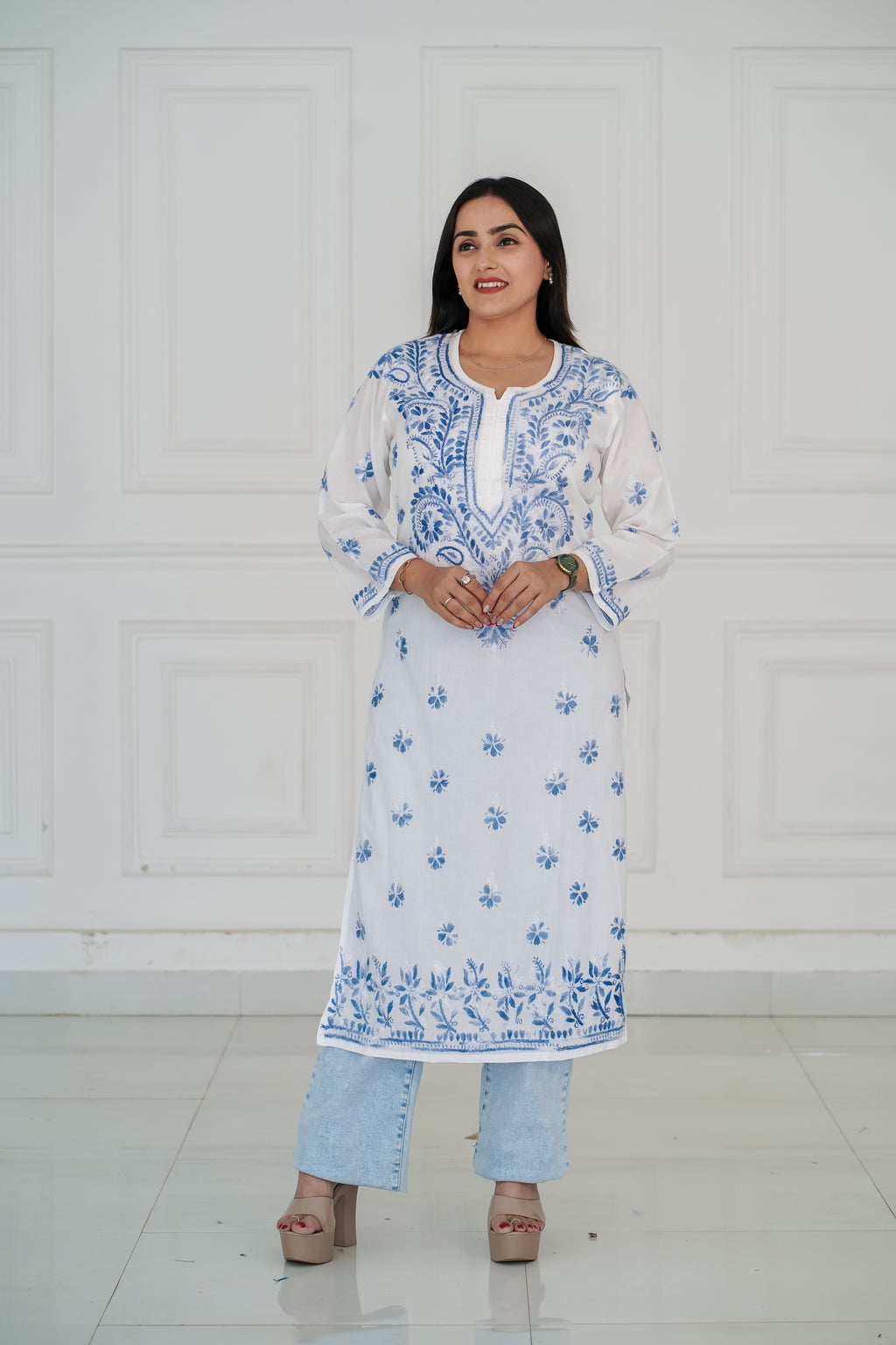 White Cotton Long Kurti with Blue Chikankari