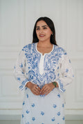 White Cotton Long Kurti with Blue Chikankari