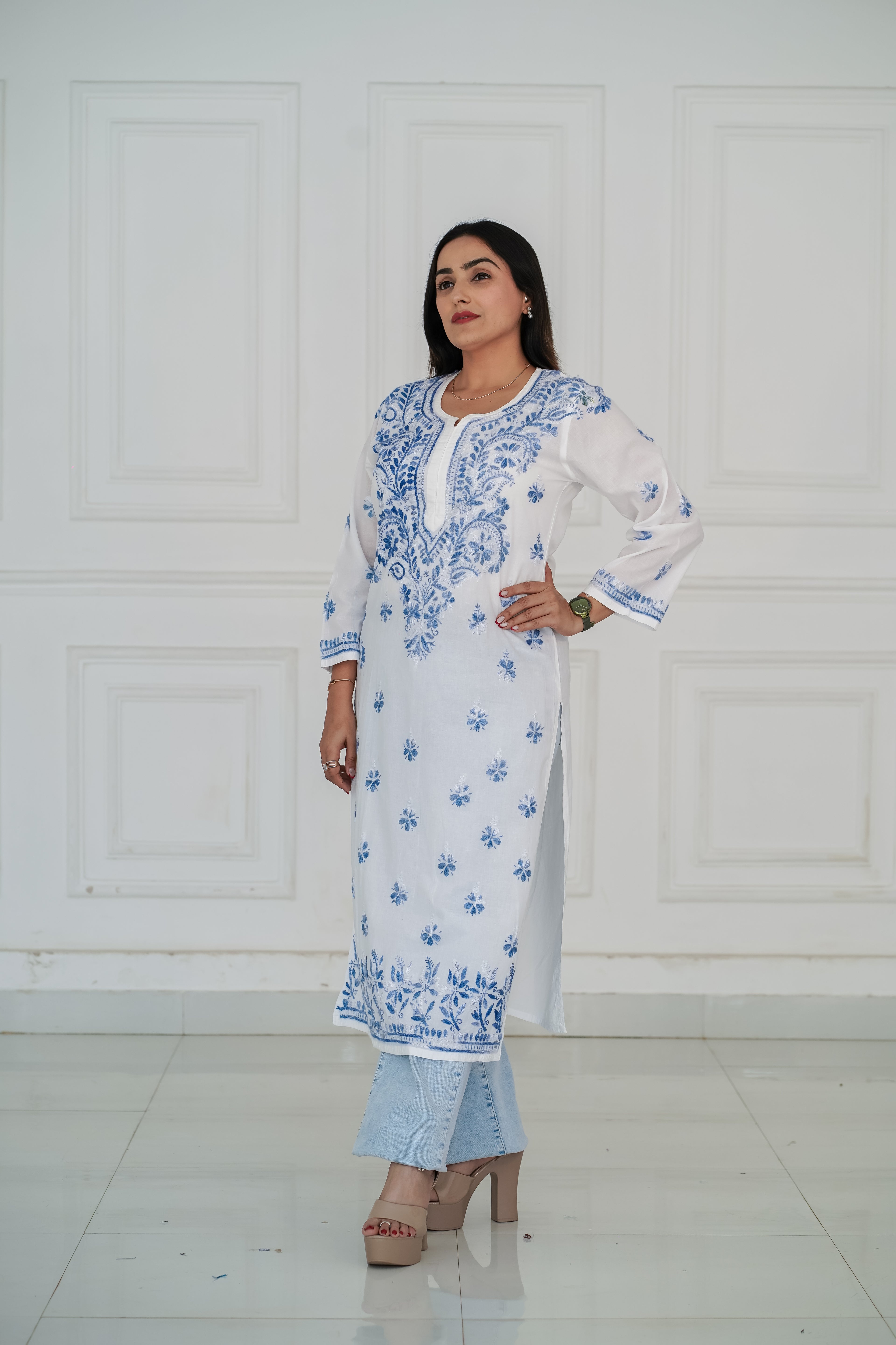 White Cotton Long Kurti with Blue Chikankari