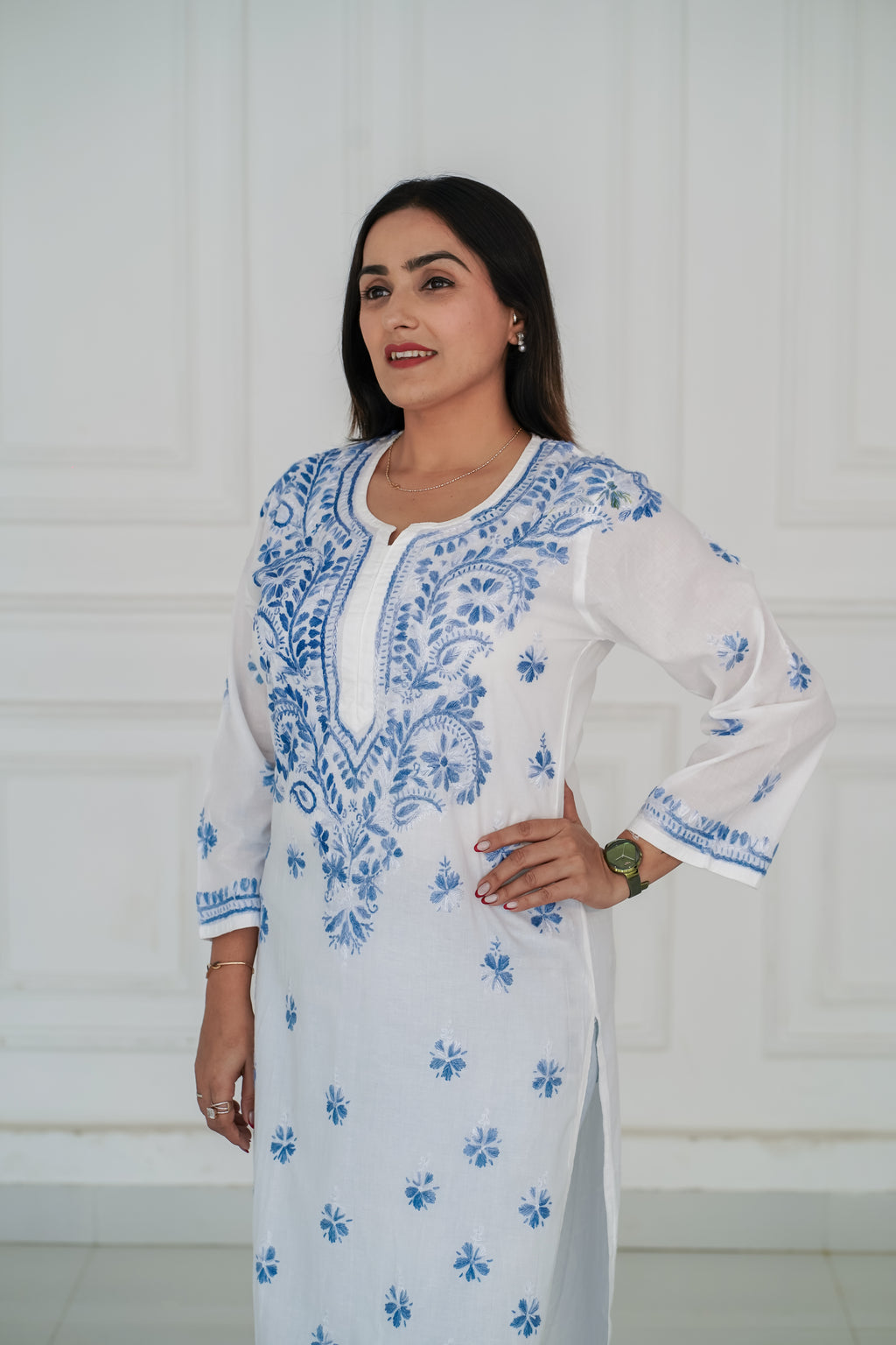 White Cotton Long Kurti with Blue Chikankari