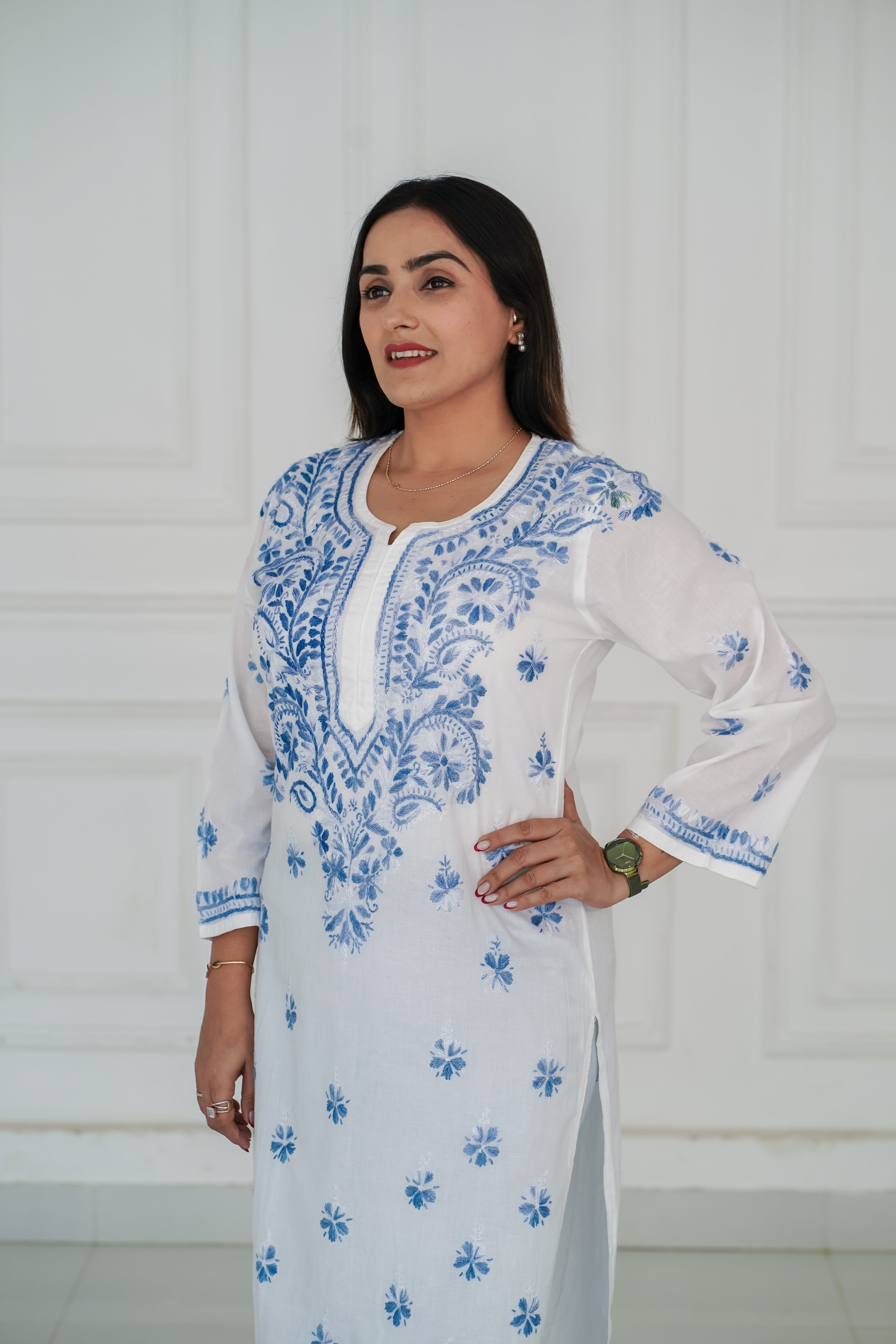 White Cotton Long Kurti with Blue Chikankari