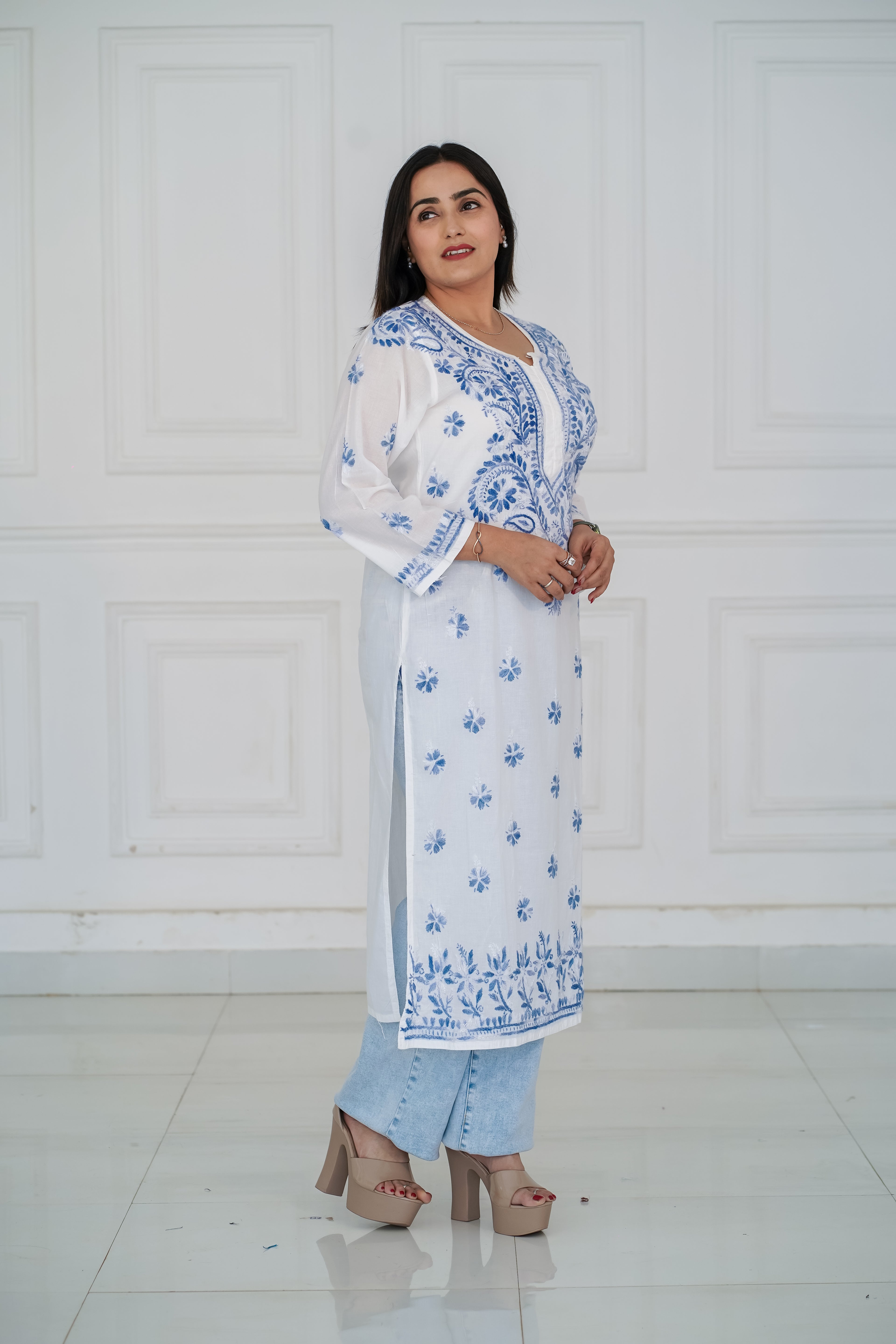 White Cotton Long Kurti with Blue Chikankari