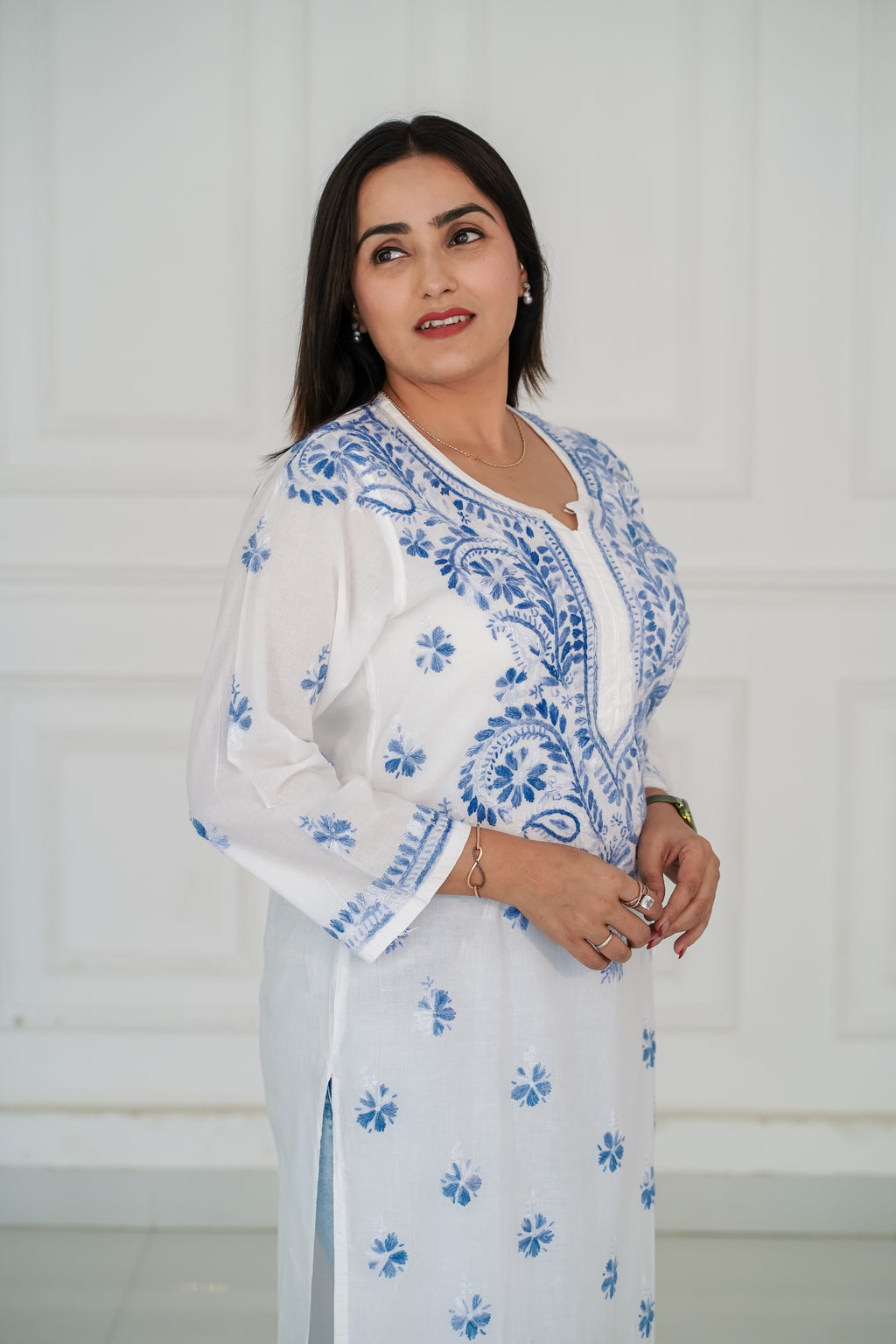 White Cotton Long Kurti with Blue Chikankari