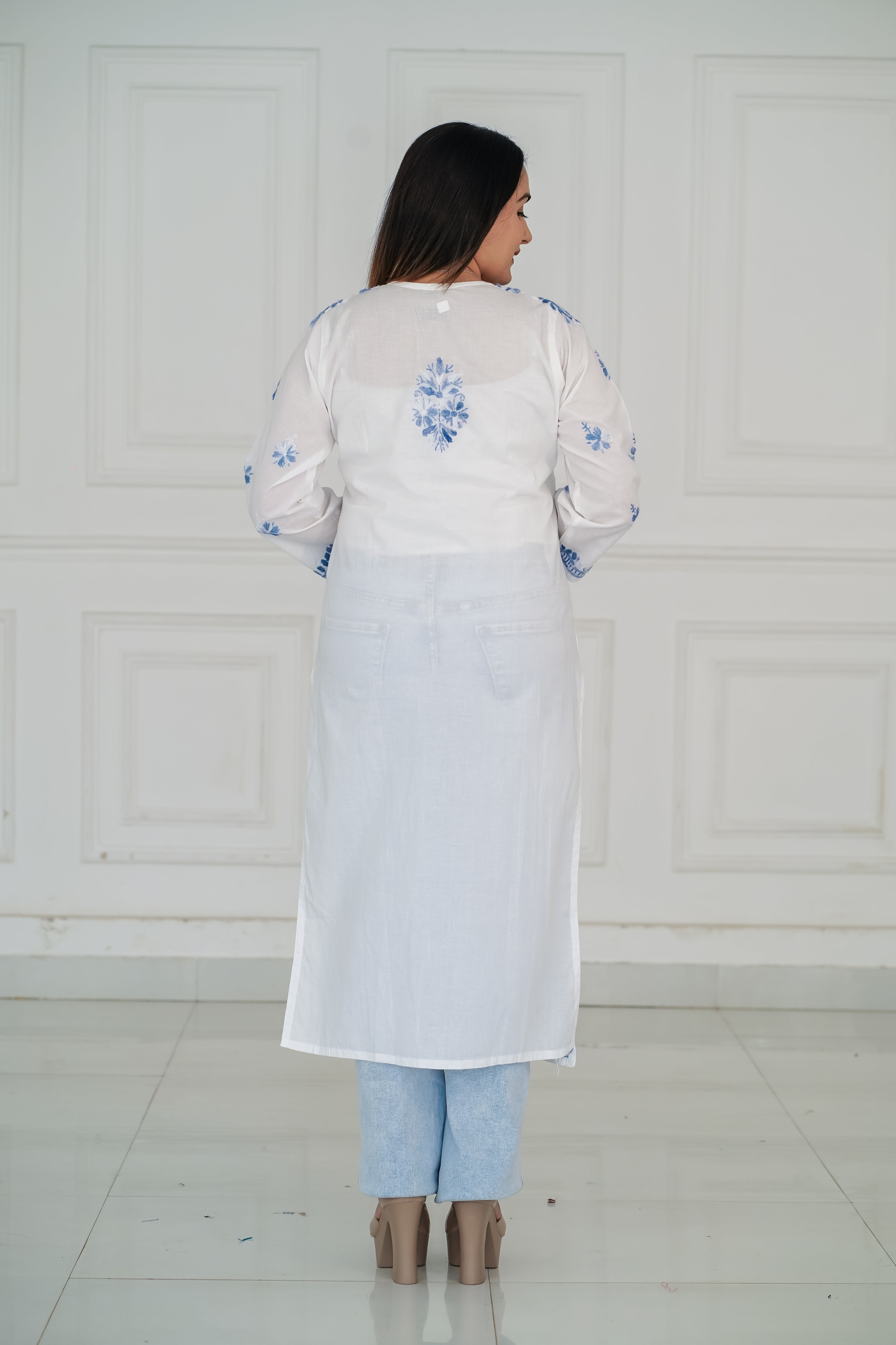 White Cotton Long Kurti with Blue Chikankari