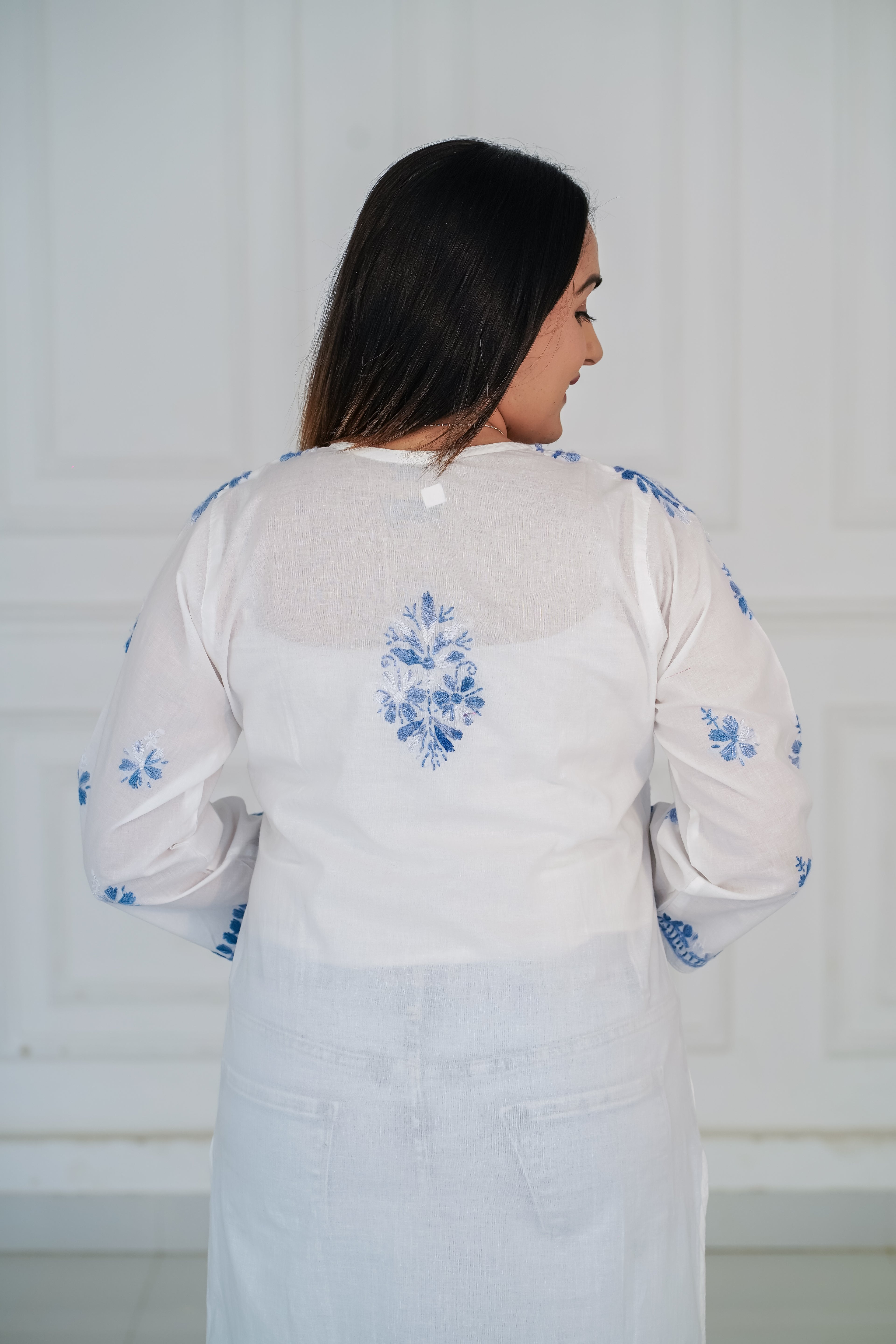 White Cotton Long Kurti with Blue Chikankari