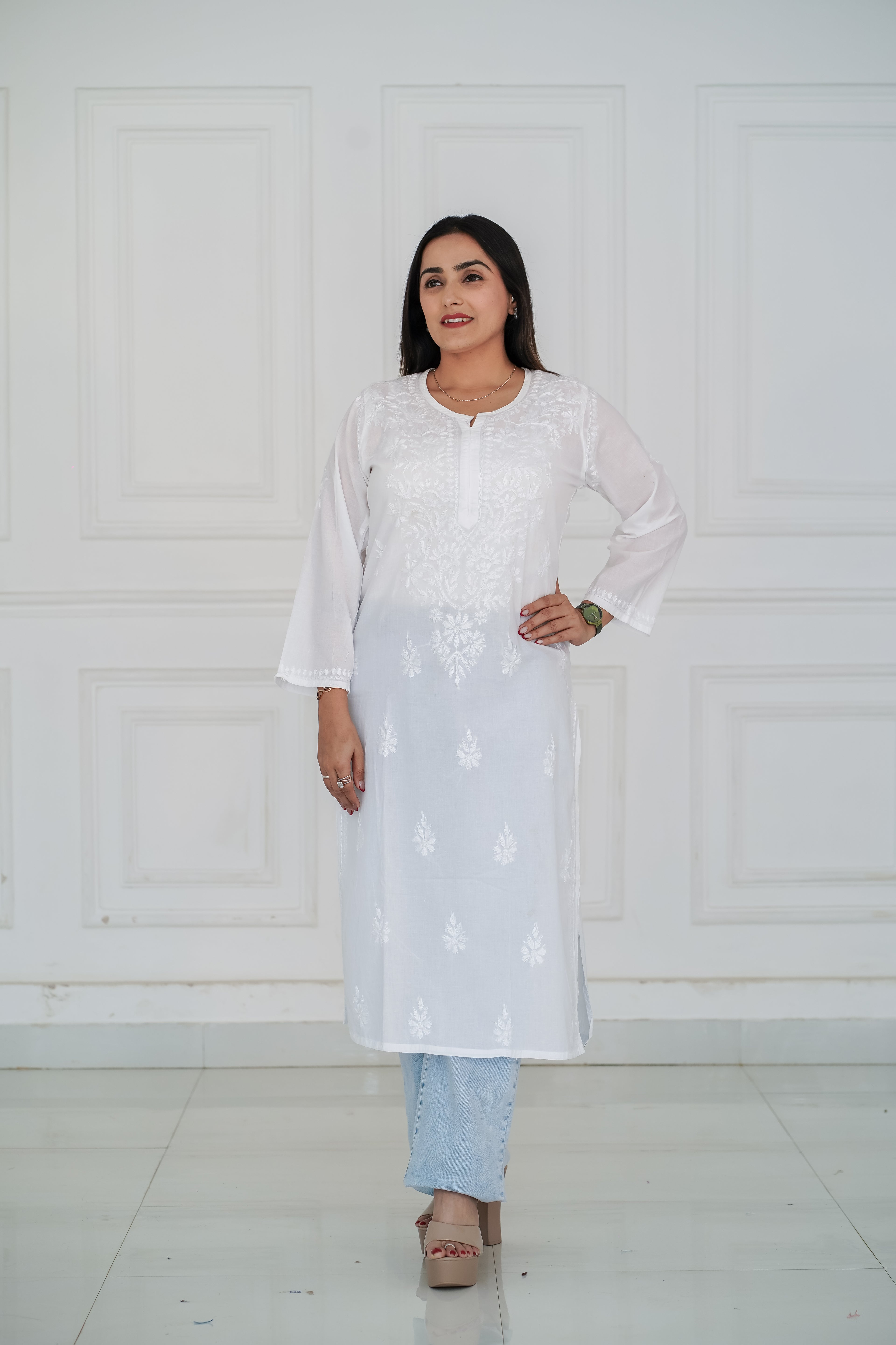White Rayon Long Chikankari Kurti