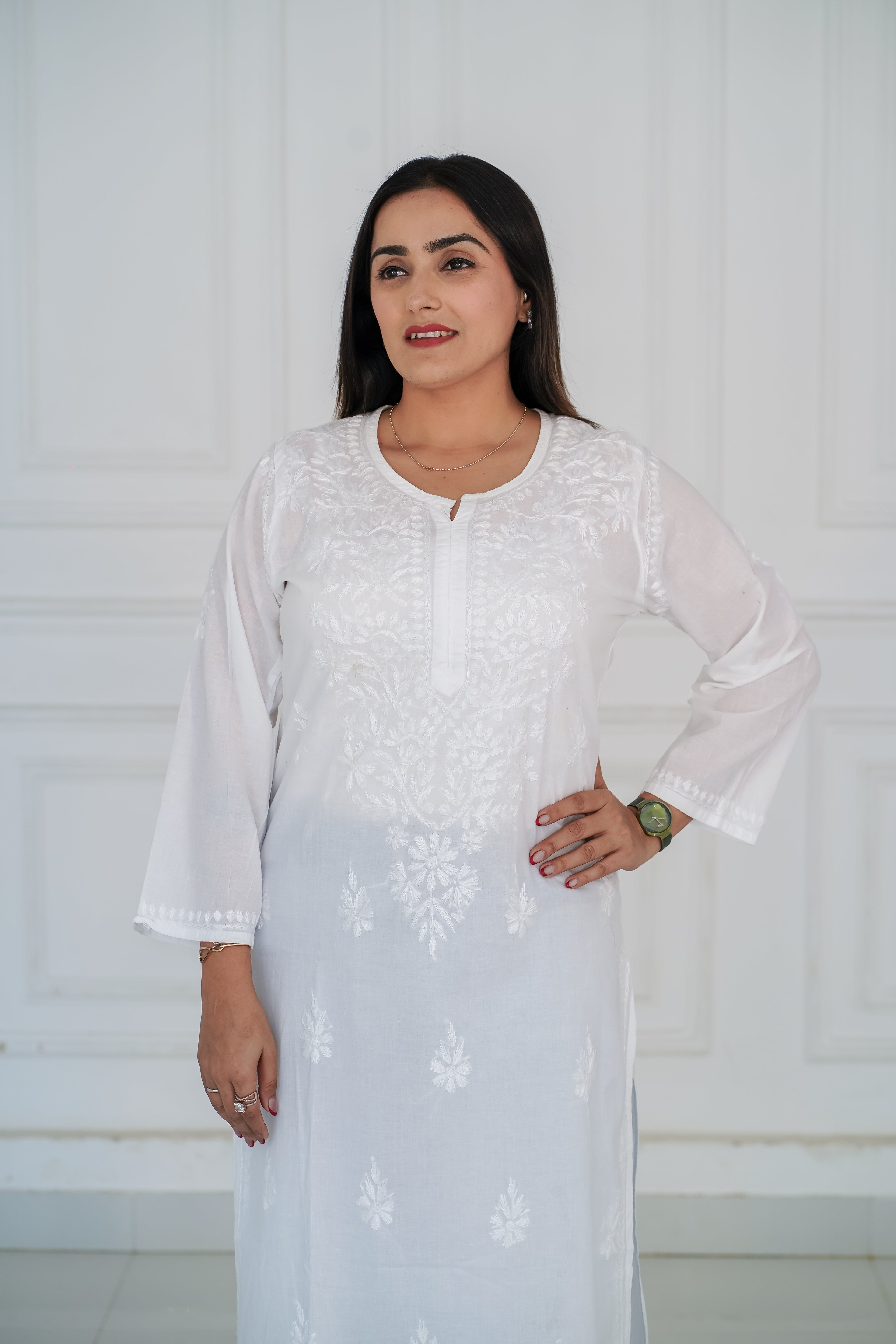 White Rayon Long Chikankari Kurti