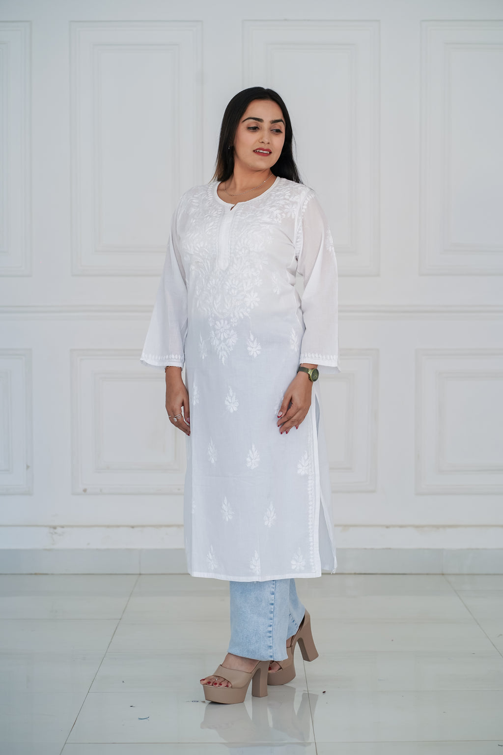 White Rayon Long Chikankari Kurti
