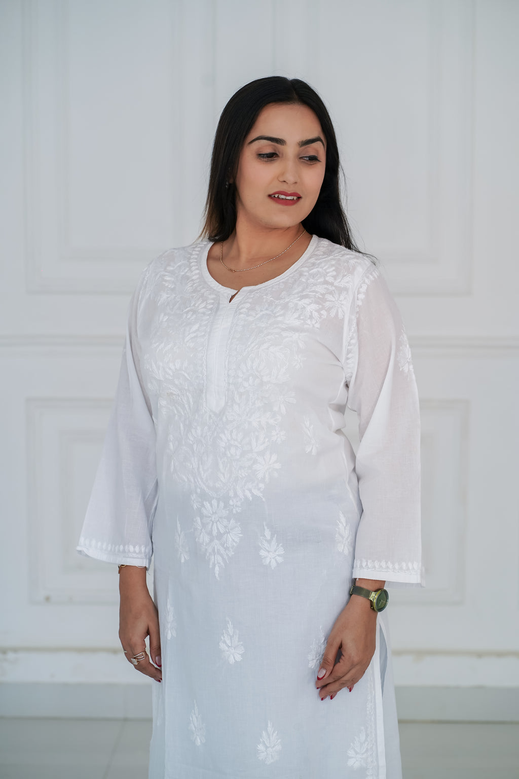 White Rayon Long Chikankari Kurti