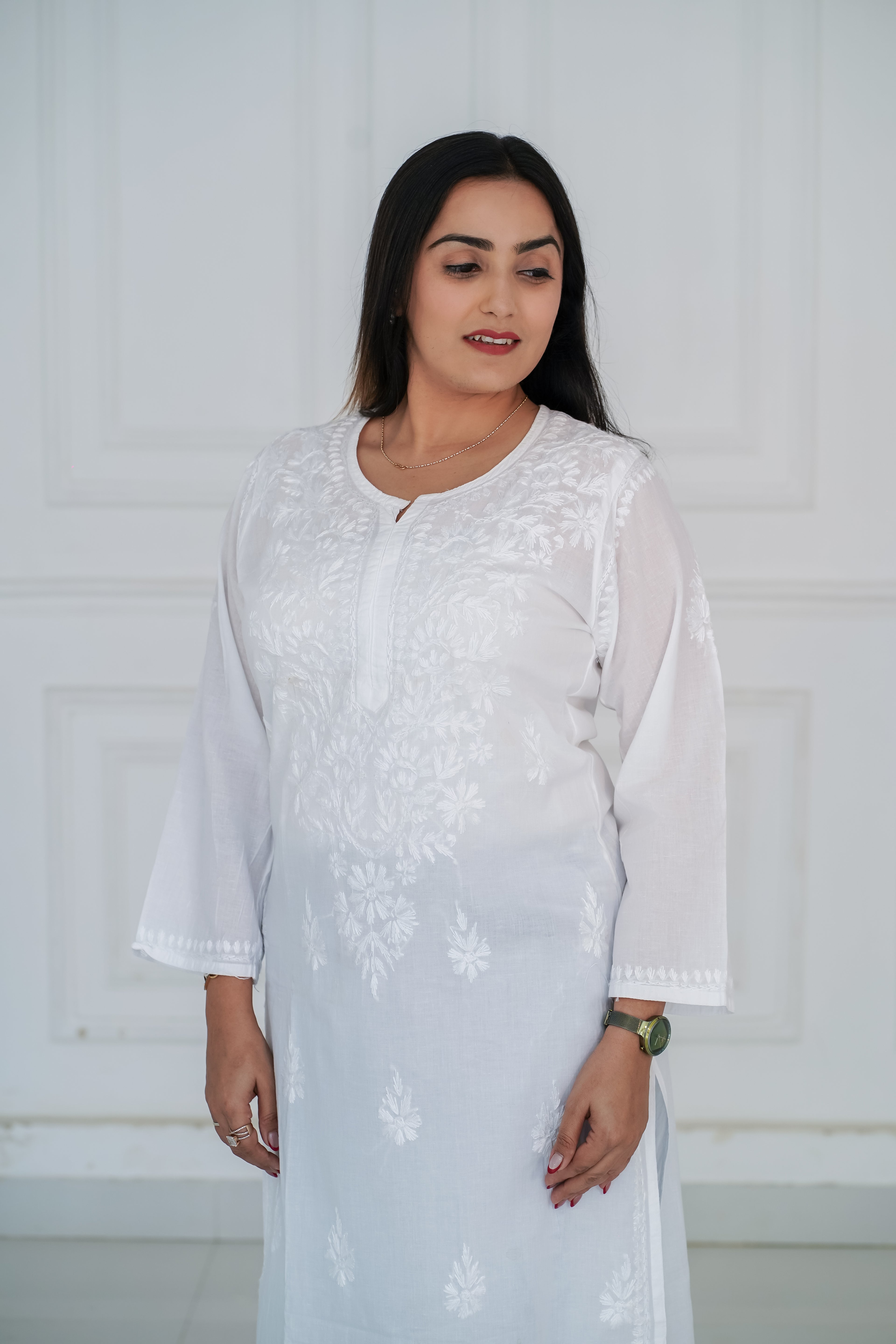 White Rayon Long Chikankari Kurti