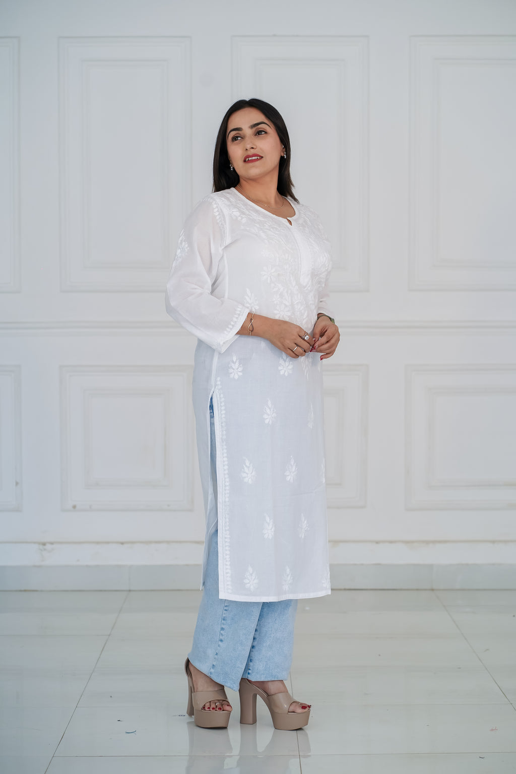 White Rayon Long Chikankari Kurti
