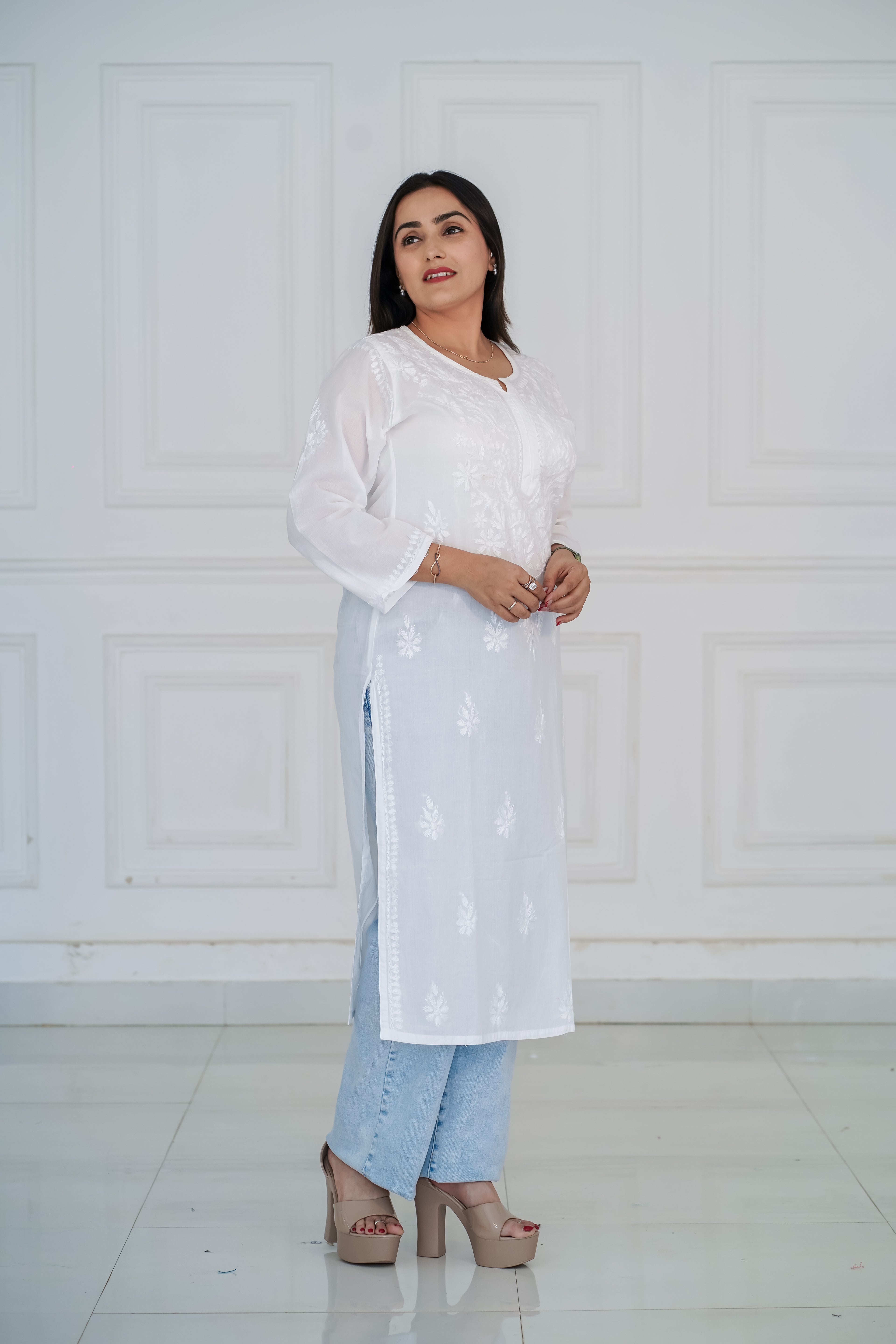 White Rayon Long Chikankari Kurti