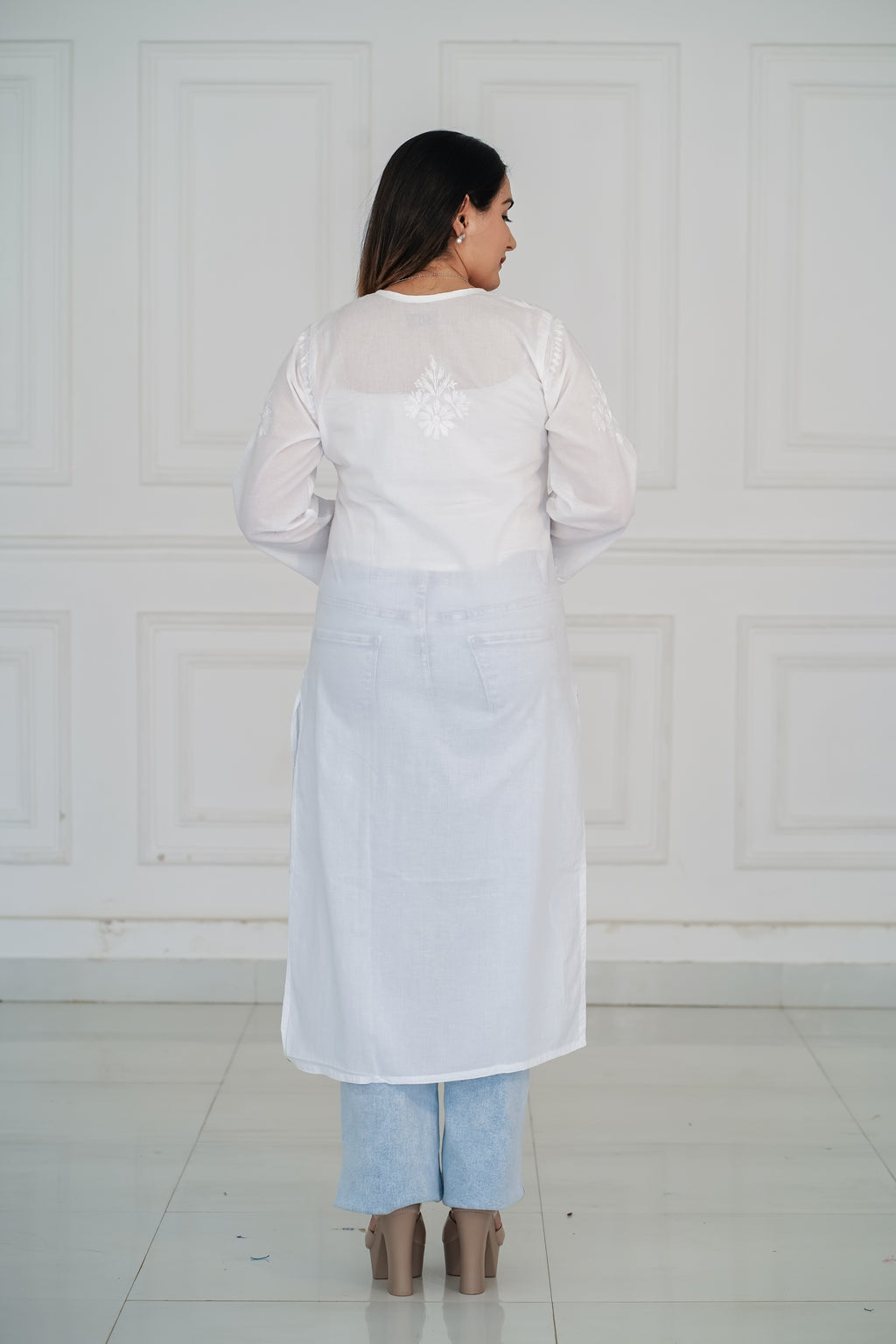 White Rayon Long Chikankari Kurti