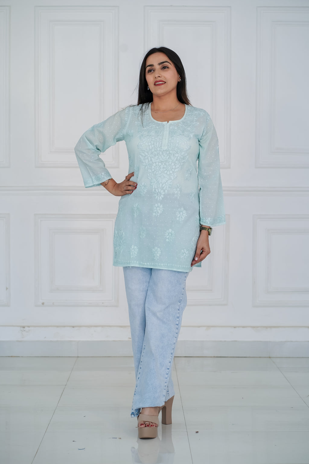 Skyblue Dobby Cotton Short Kurti