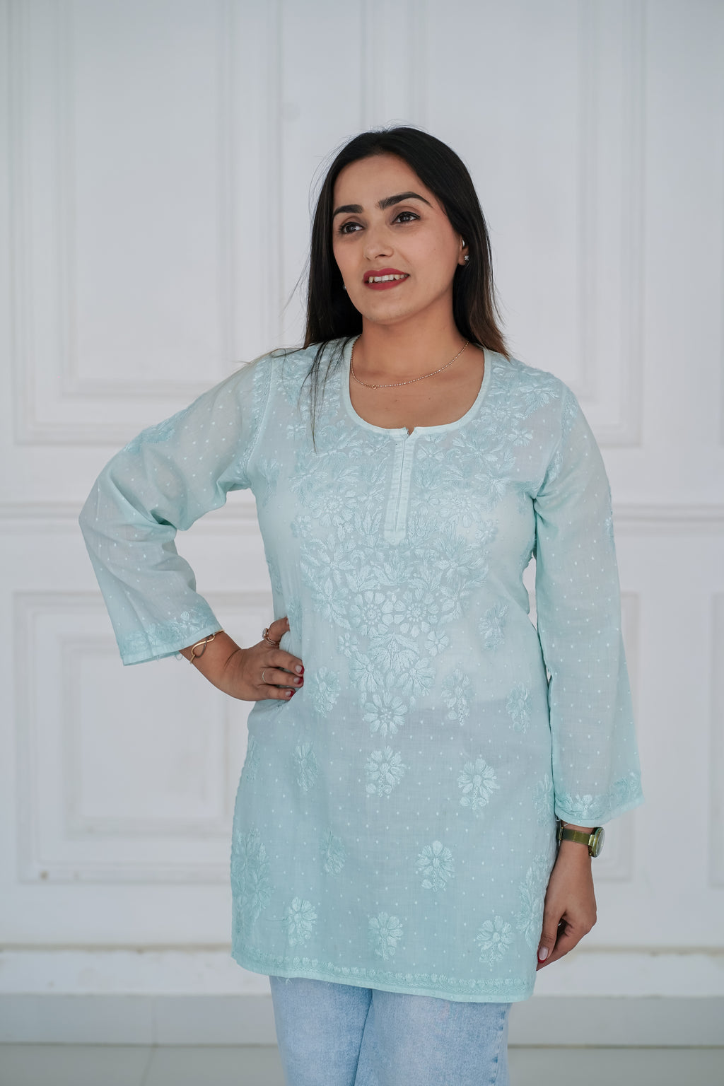 Skyblue Dobby Cotton Short Kurti