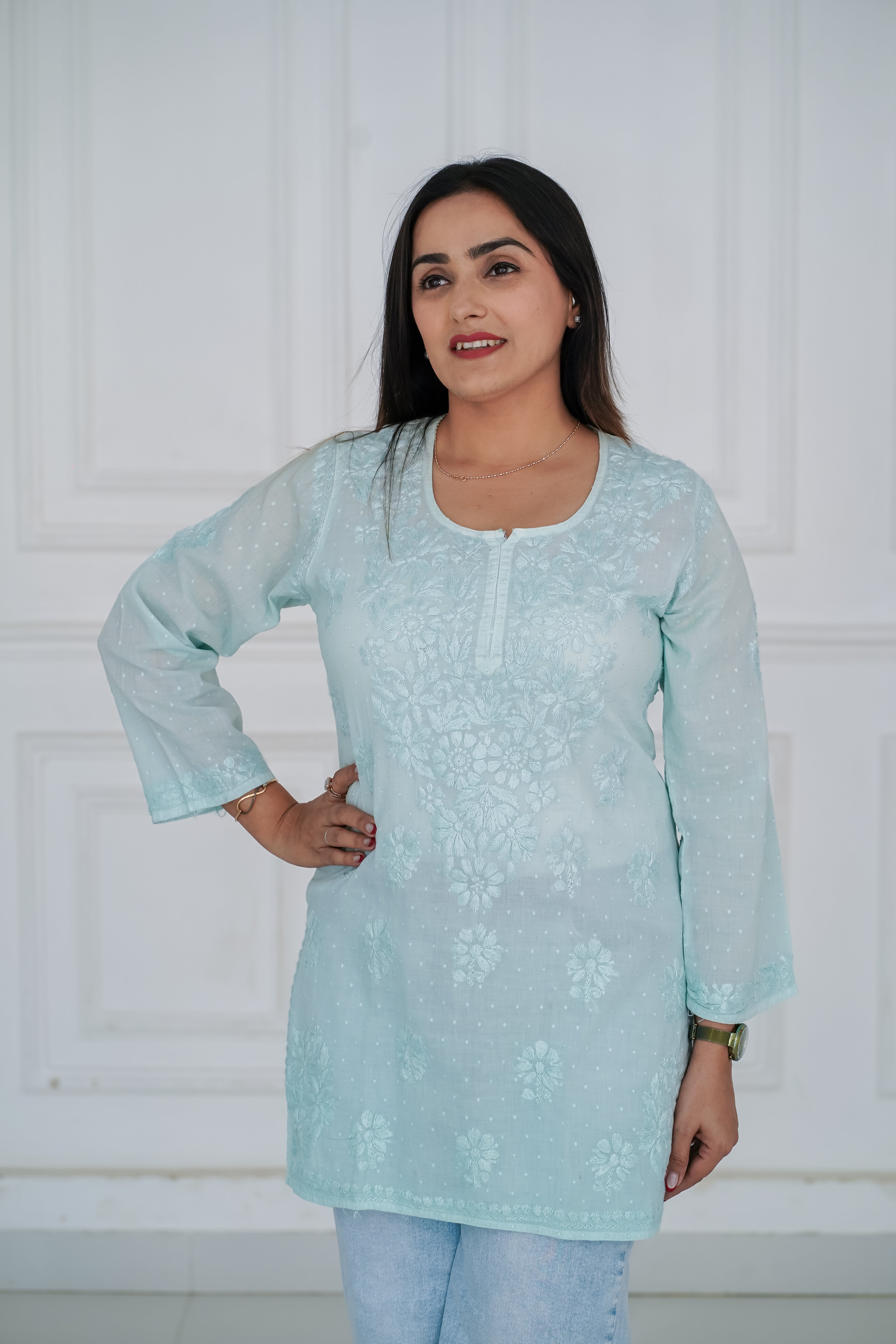Skyblue Dobby Cotton Short Kurti