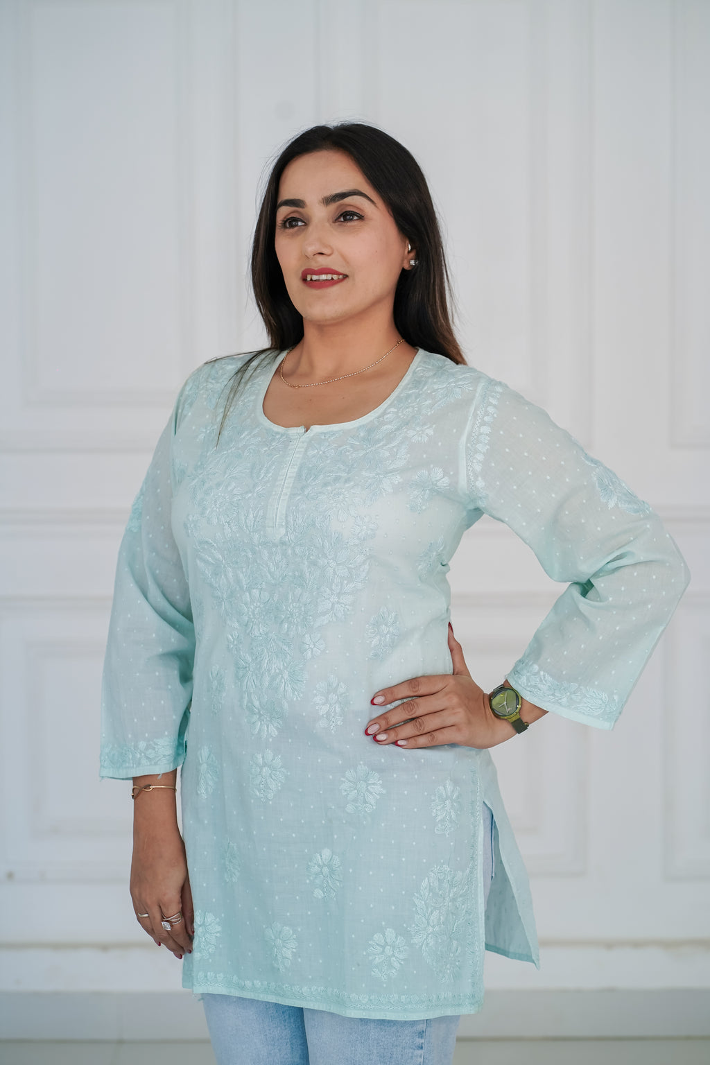 Skyblue Dobby Cotton Short Kurti