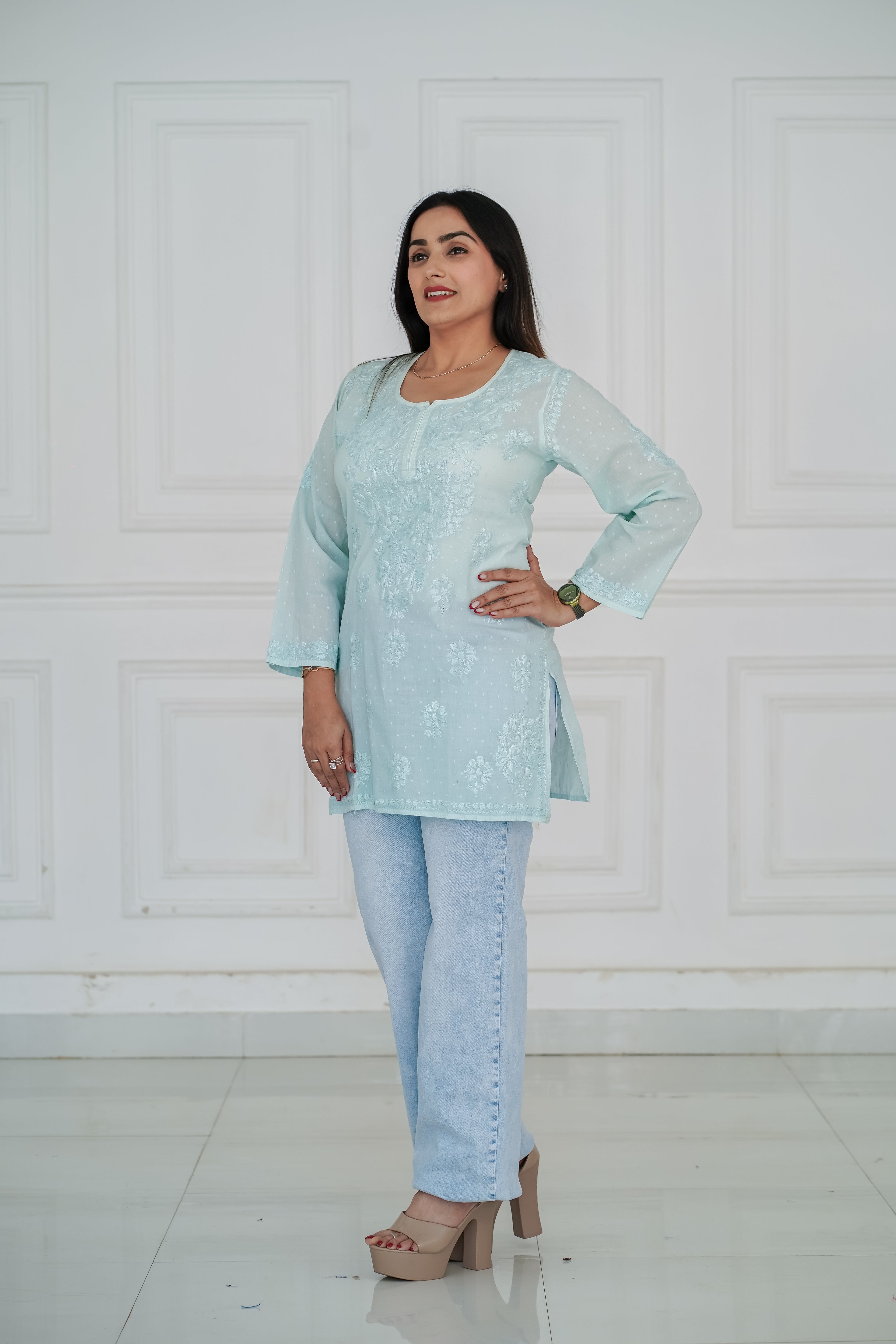 Skyblue Dobby Cotton Short Kurti