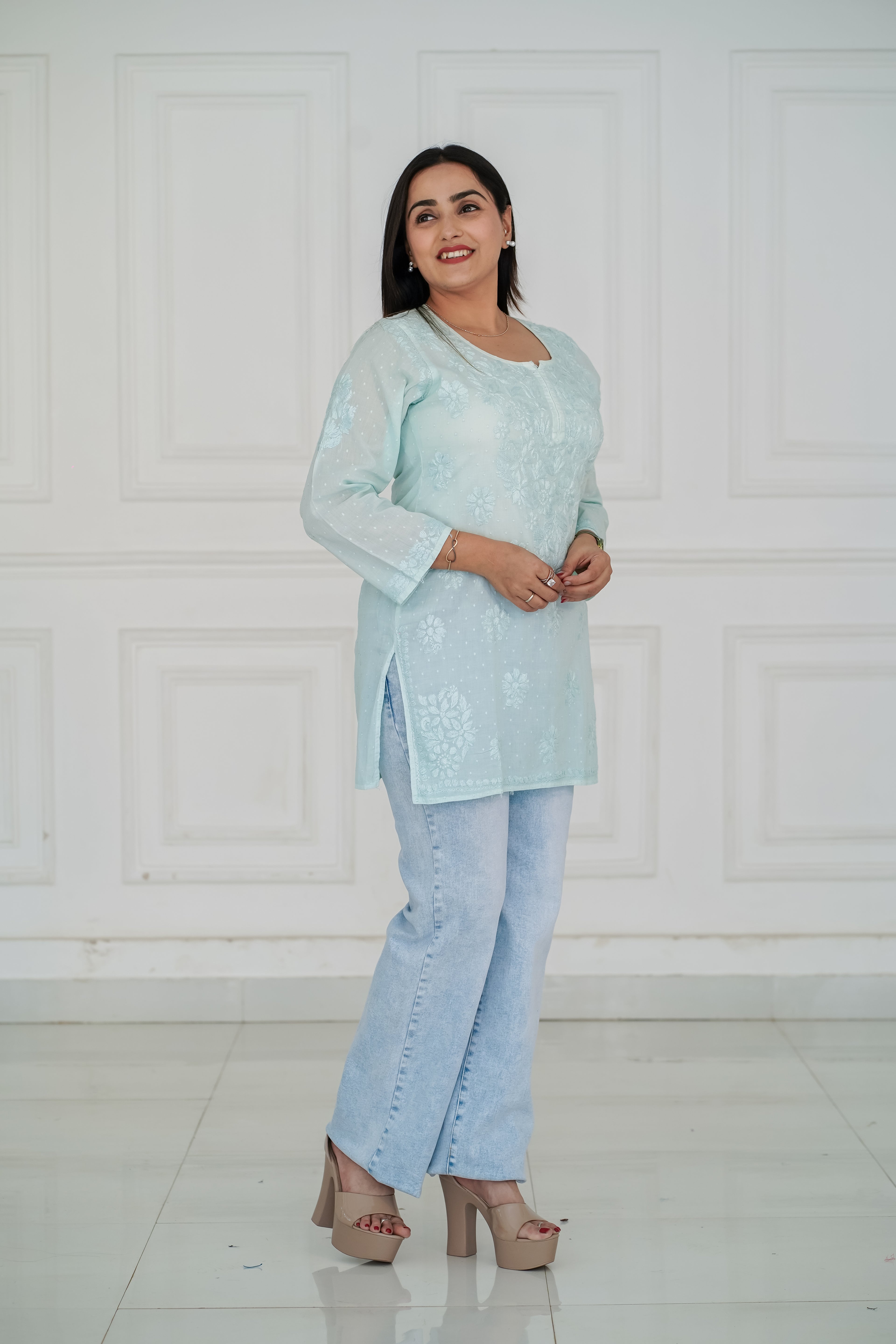 Skyblue Dobby Cotton Short Kurti