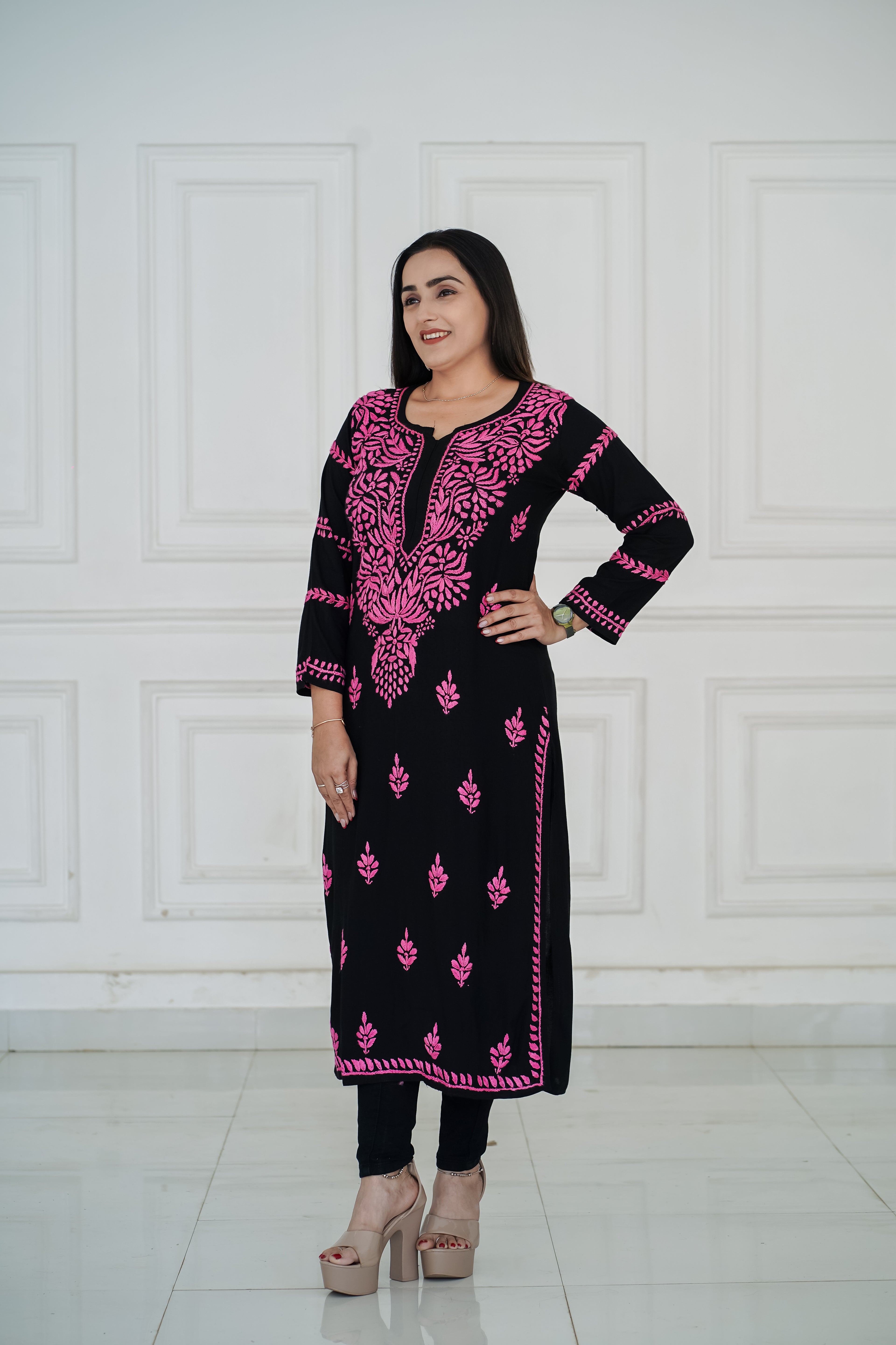 black rayon kurti with pink chikankari