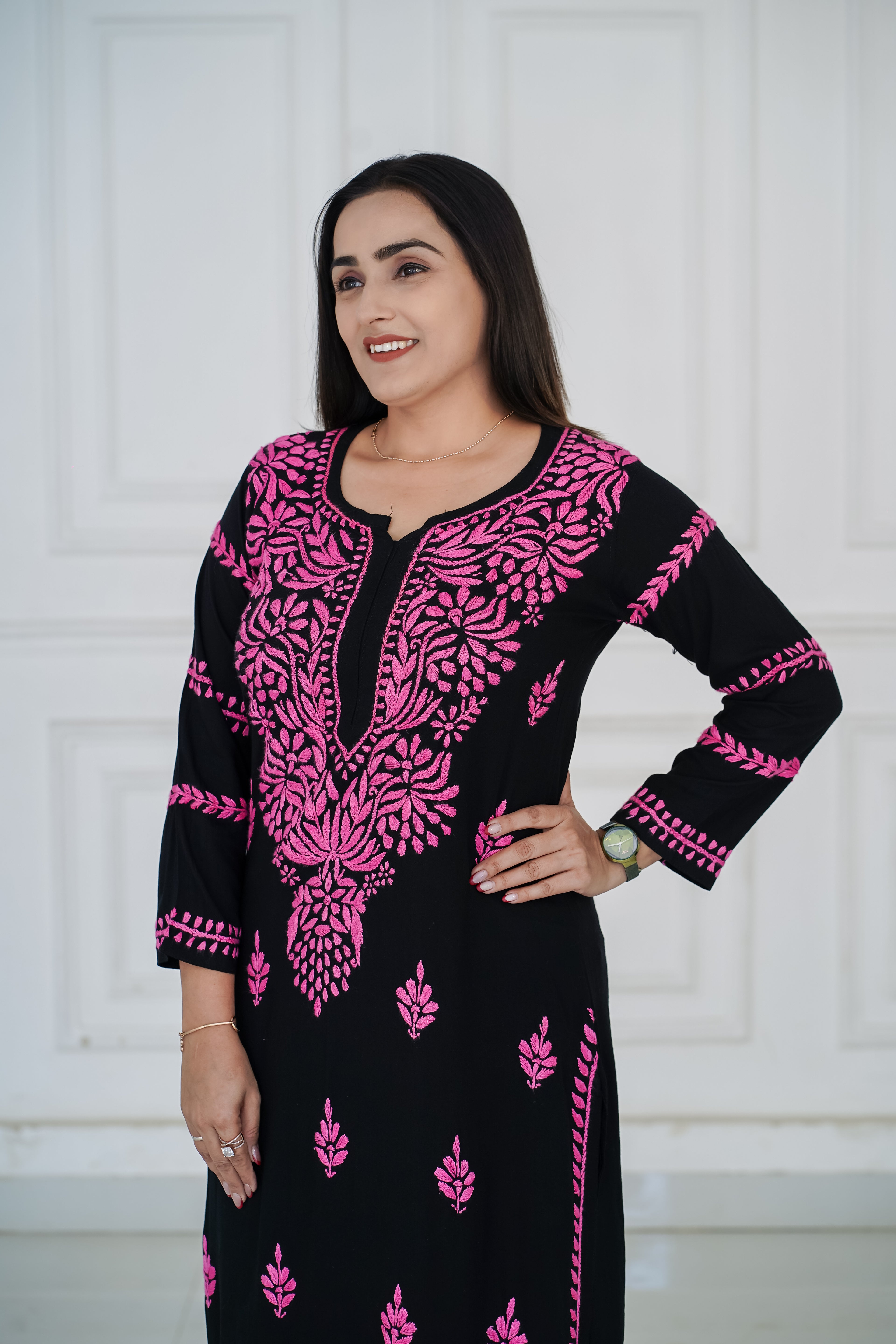black rayon kurti with pink chikankari