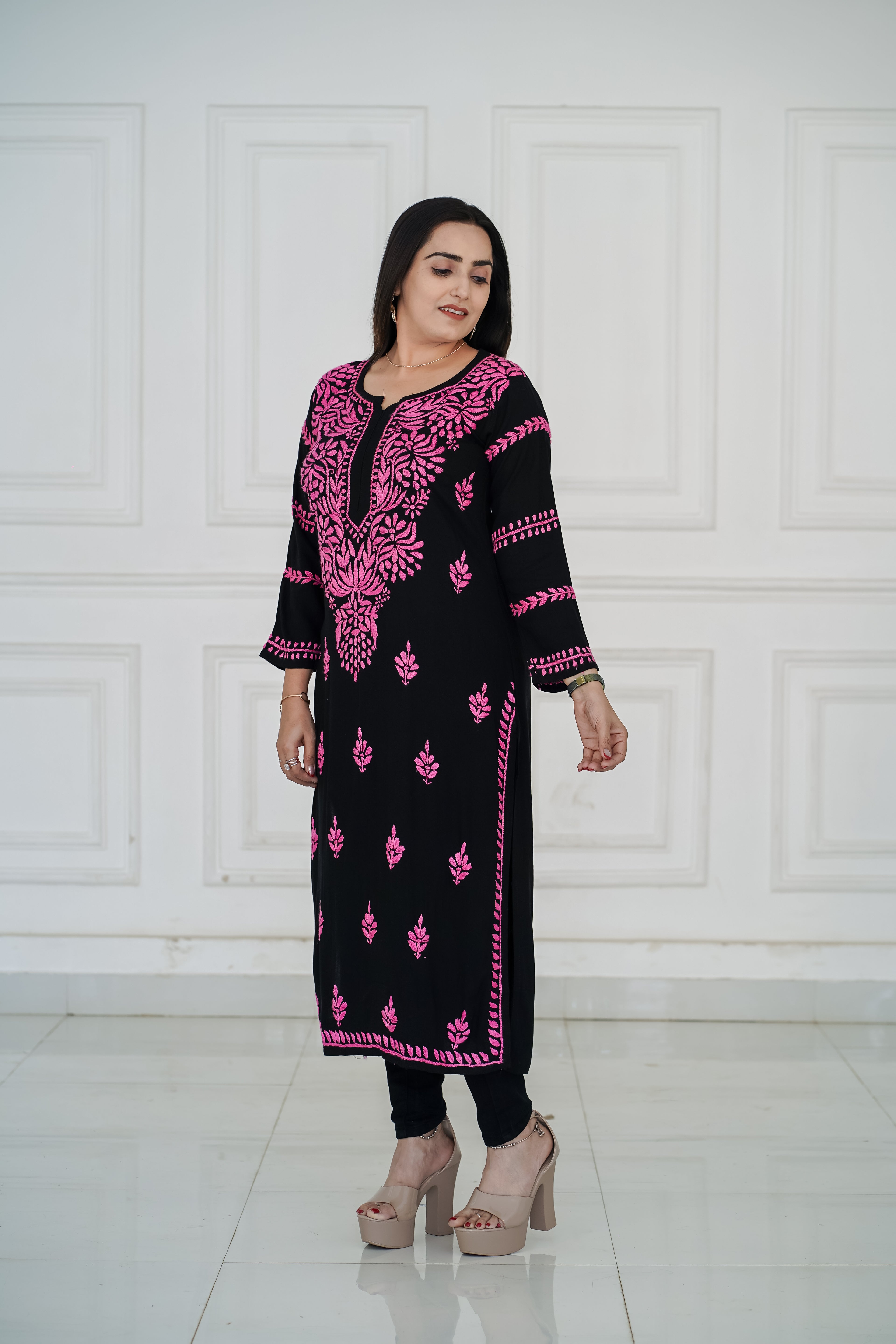 black rayon kurti with pink chikankari