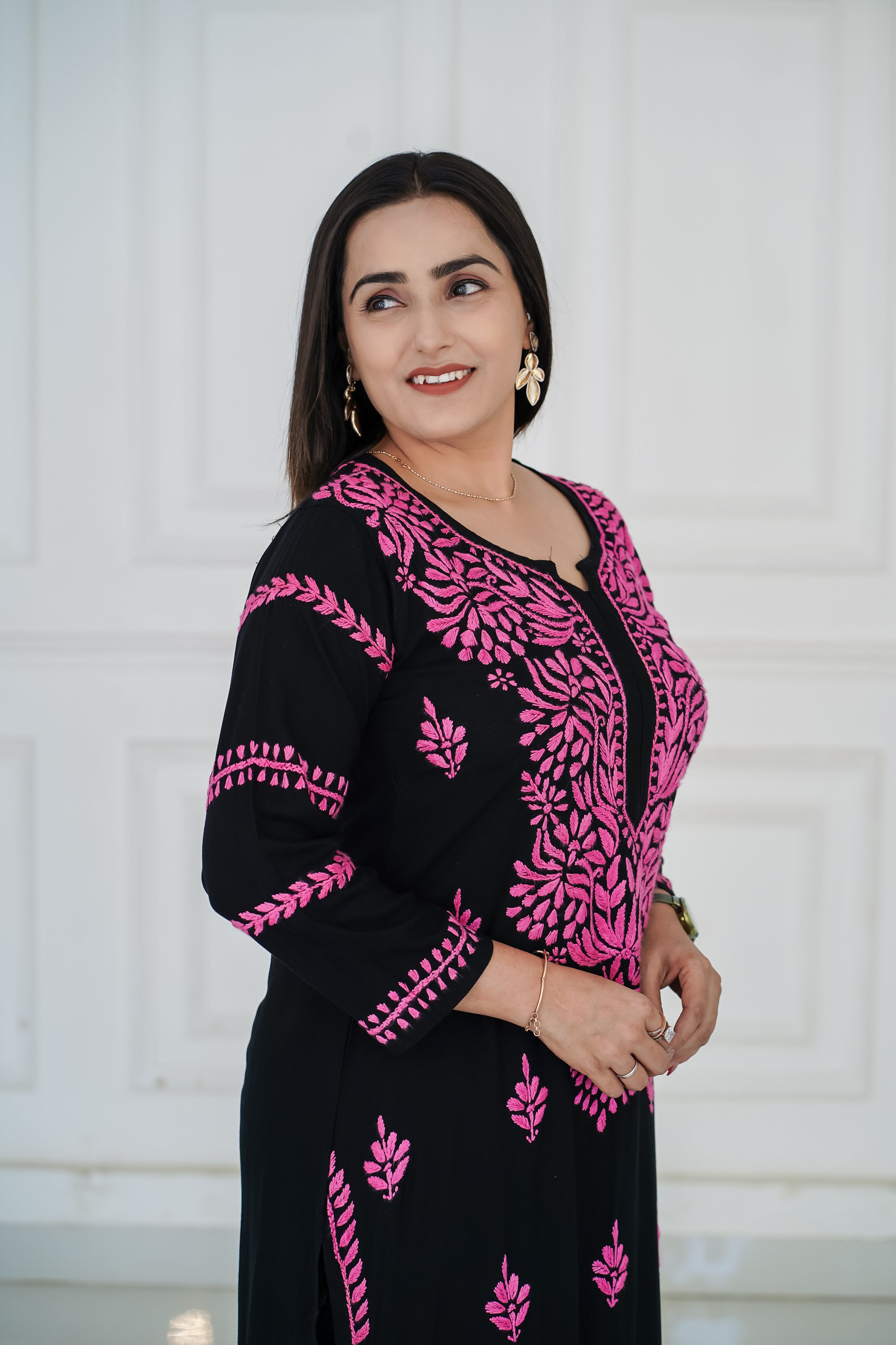 black rayon kurti with pink chikankari