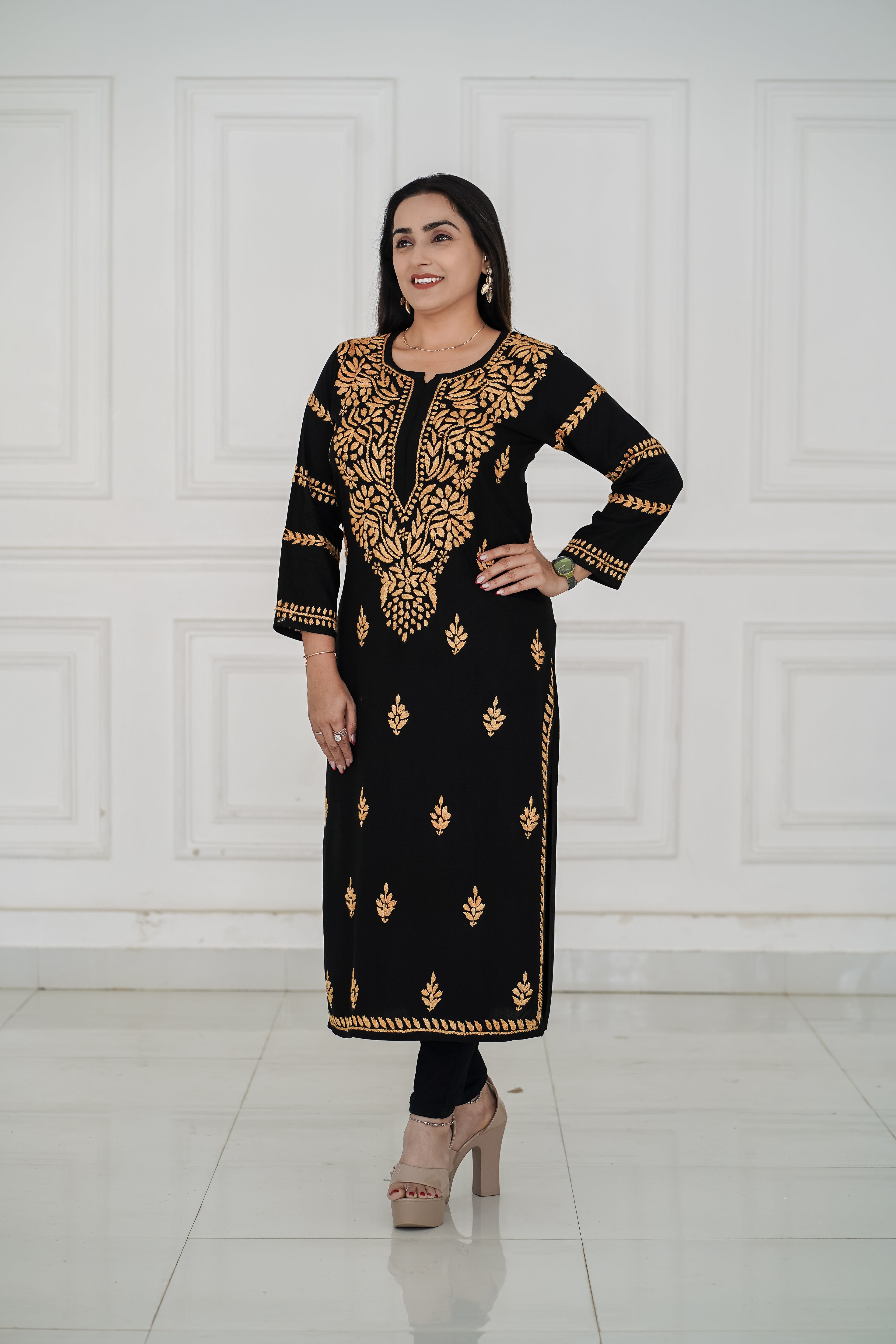 Black Rayon kurti with Beige-Gold chikankari