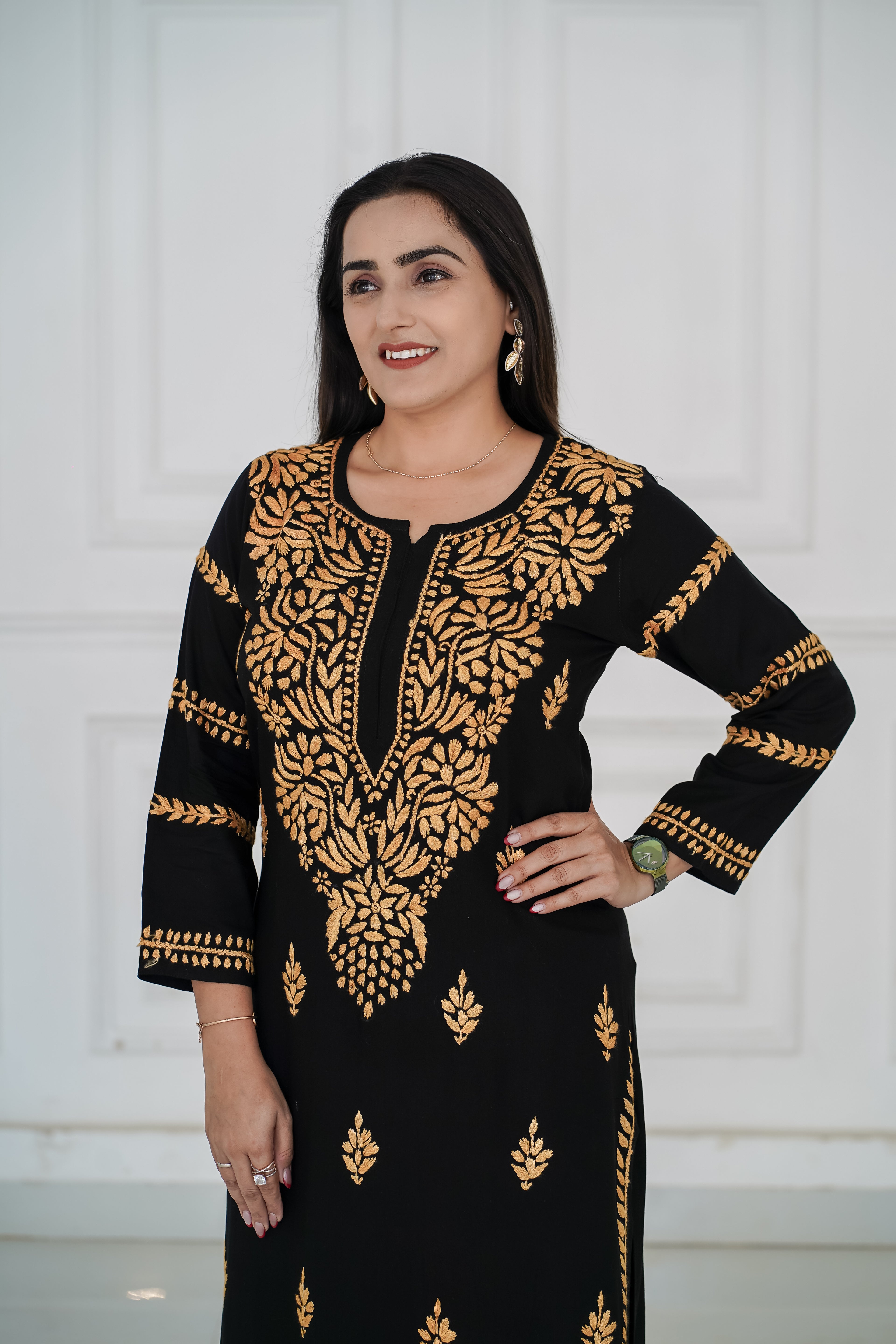 Black Rayon kurti with Beige-Gold chikankari