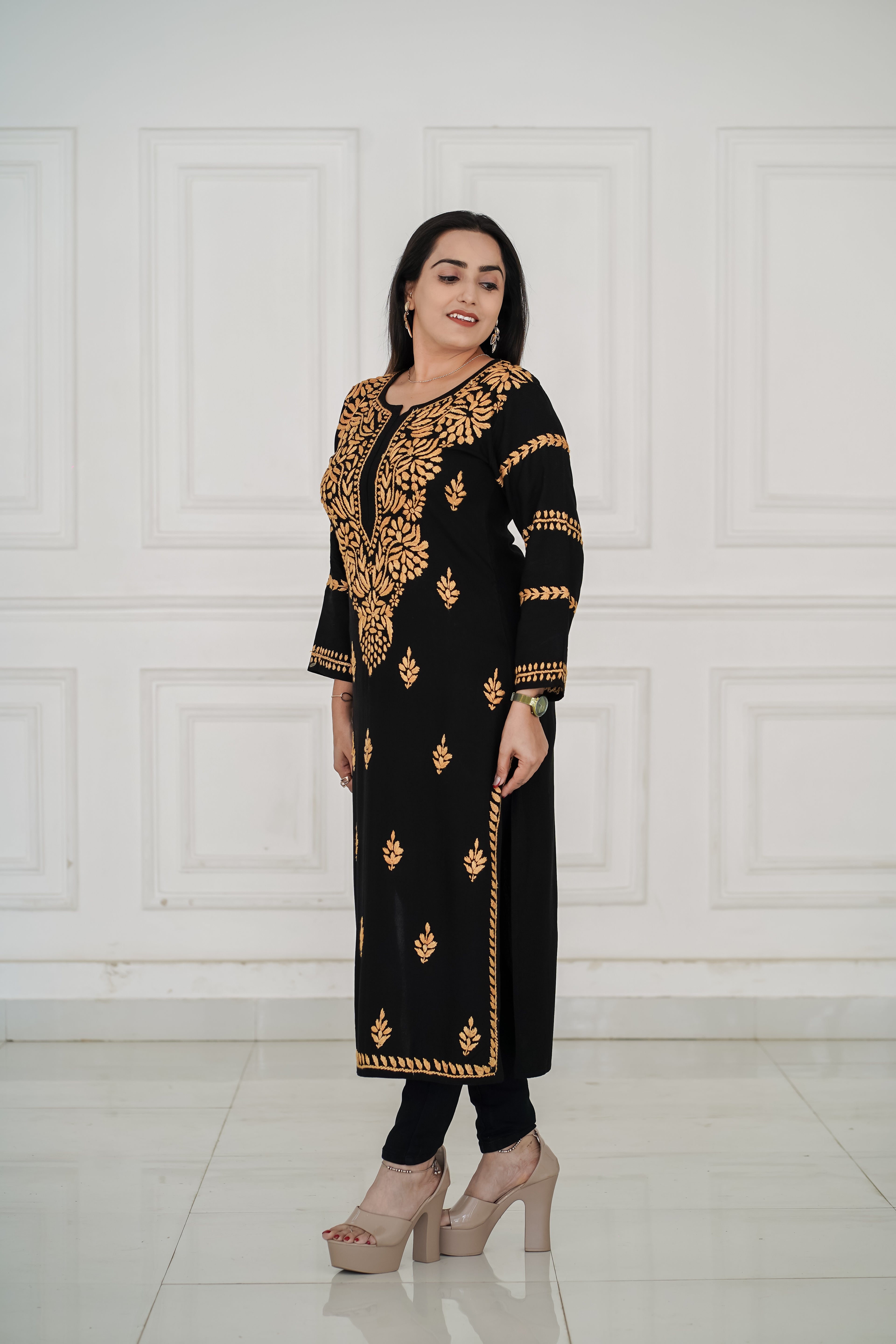 Black Rayon kurti with Beige-Gold chikankari