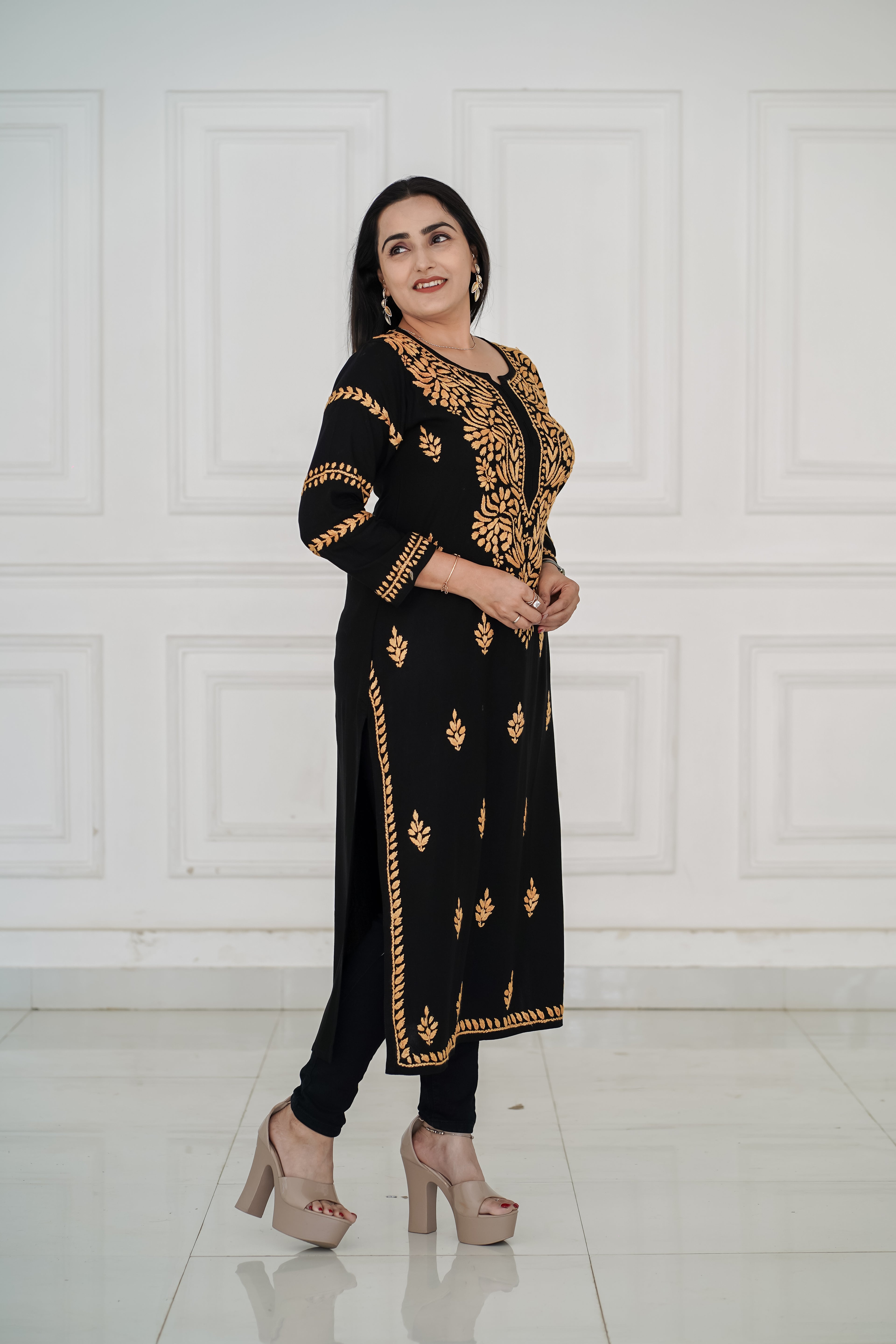 Black Rayon kurti with Beige-Gold chikankari