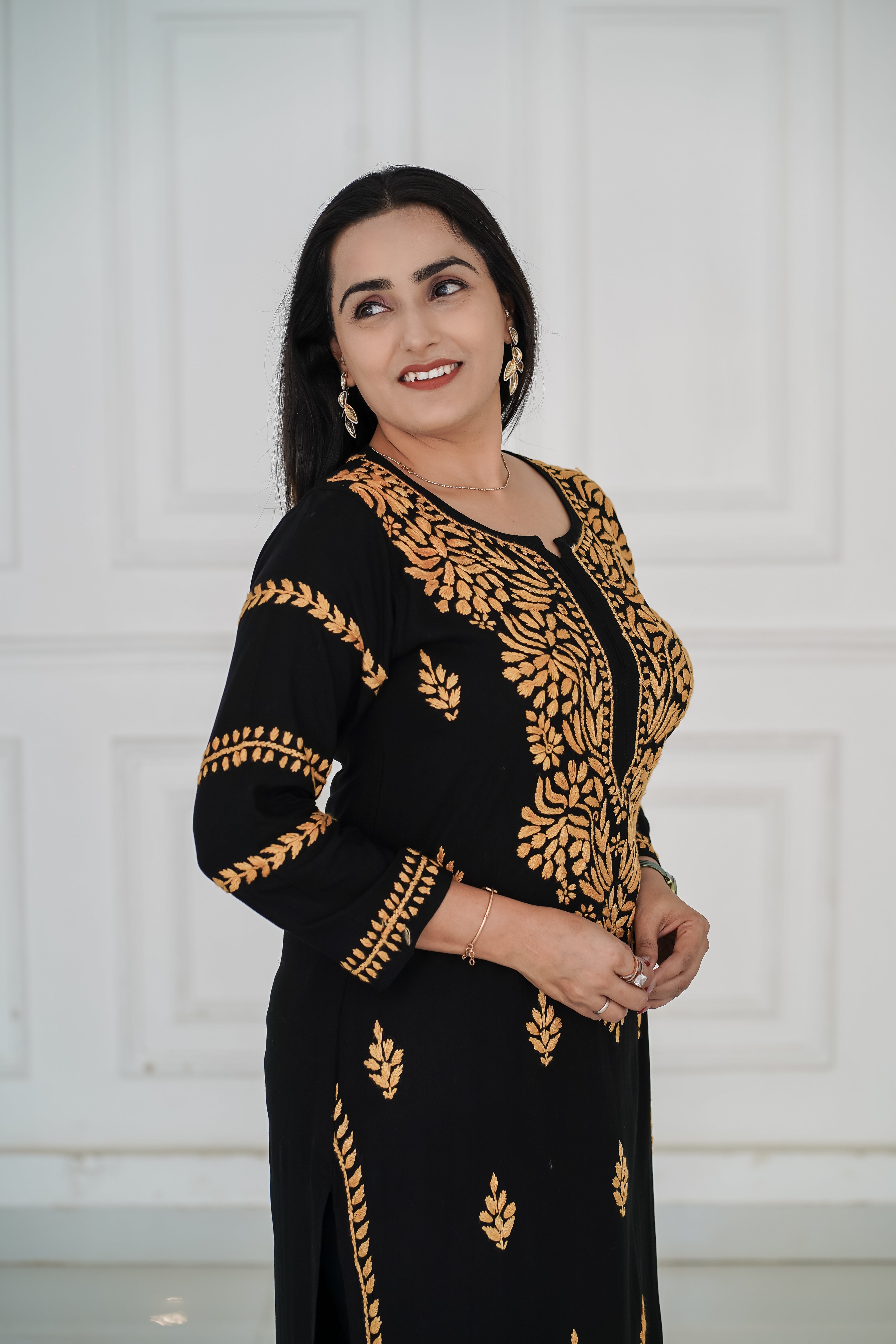 Black Rayon kurti with Beige-Gold chikankari
