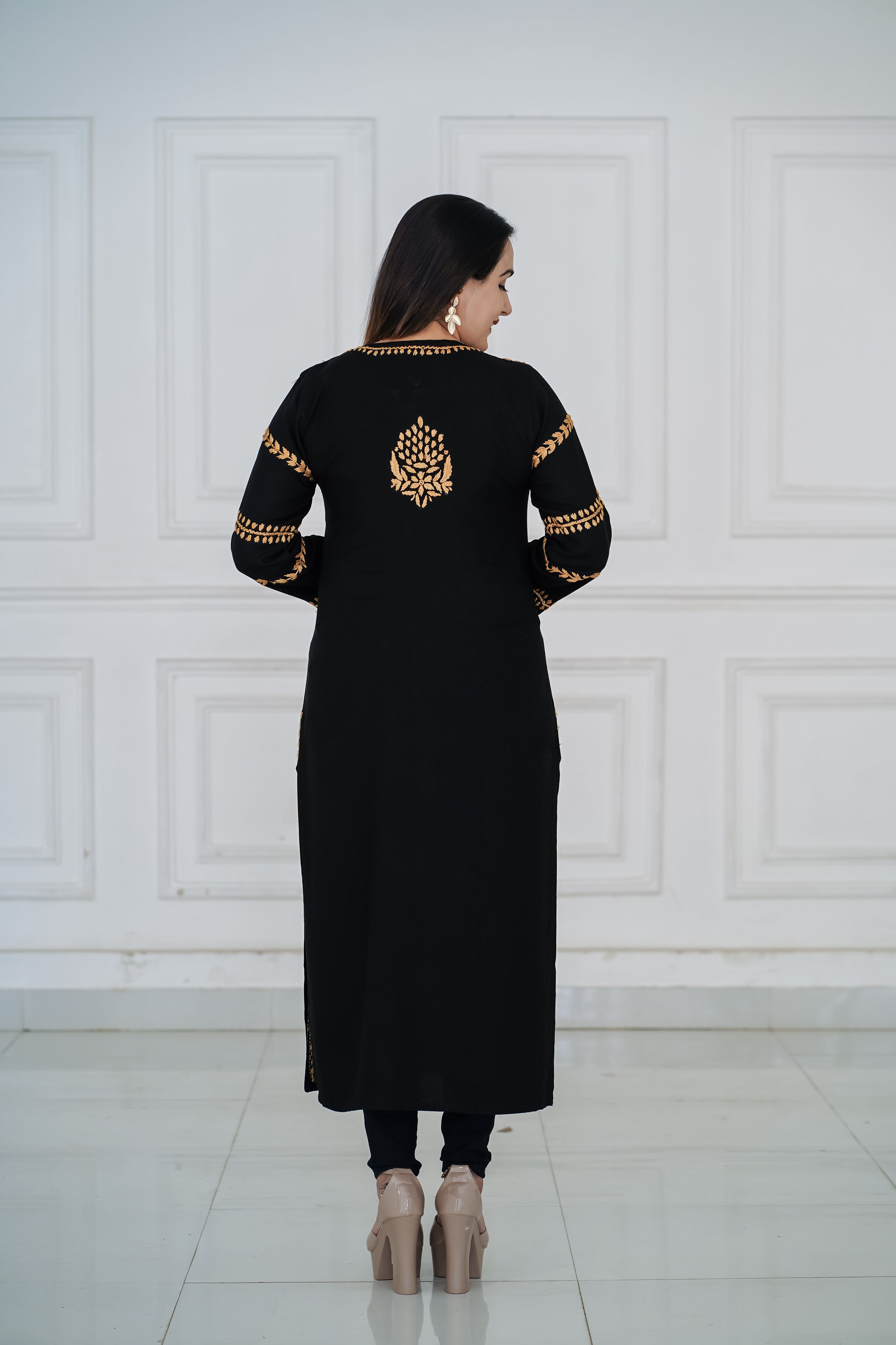 Black Rayon kurti with Beige-Gold chikankari