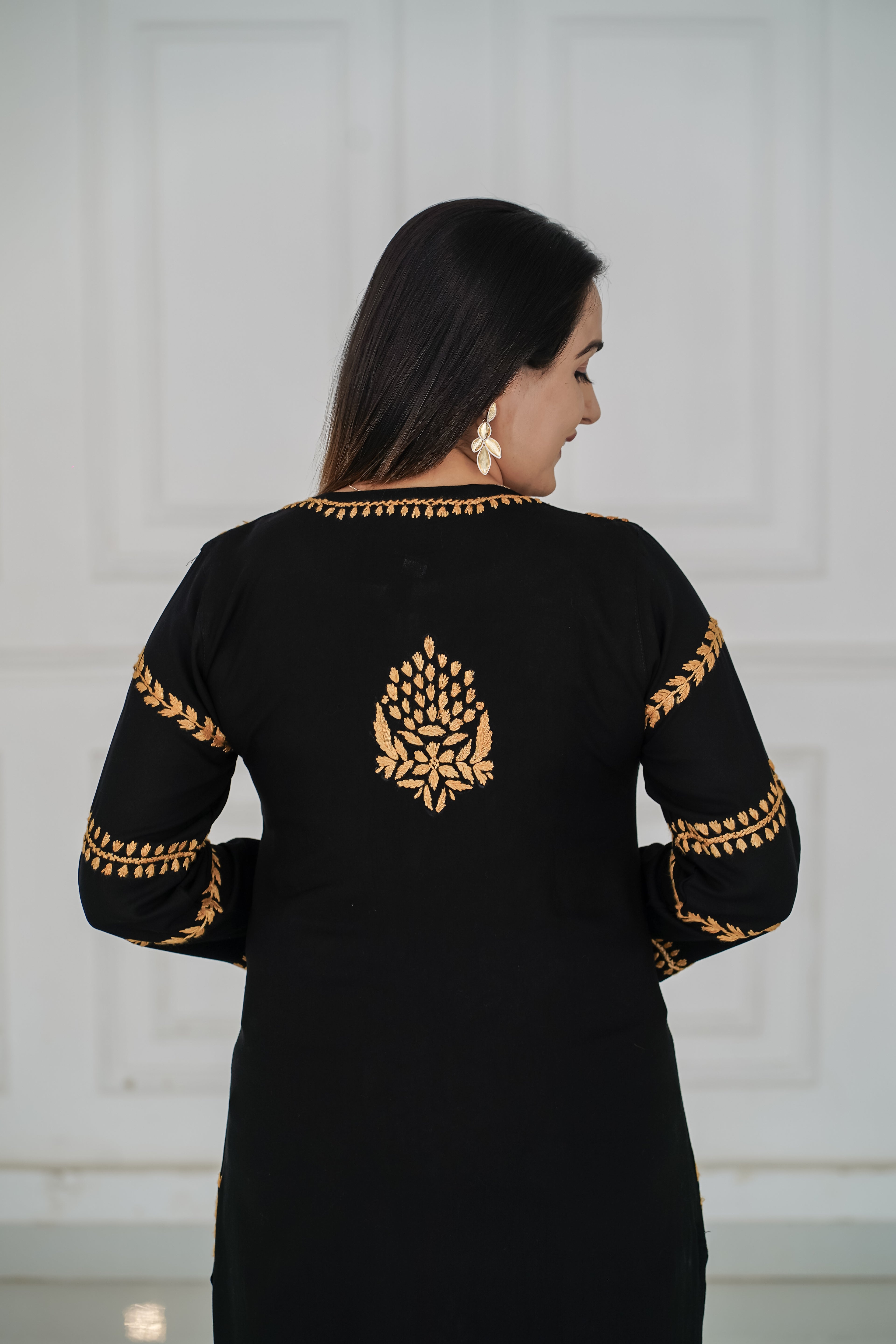 Black Rayon kurti with Beige-Gold chikankari