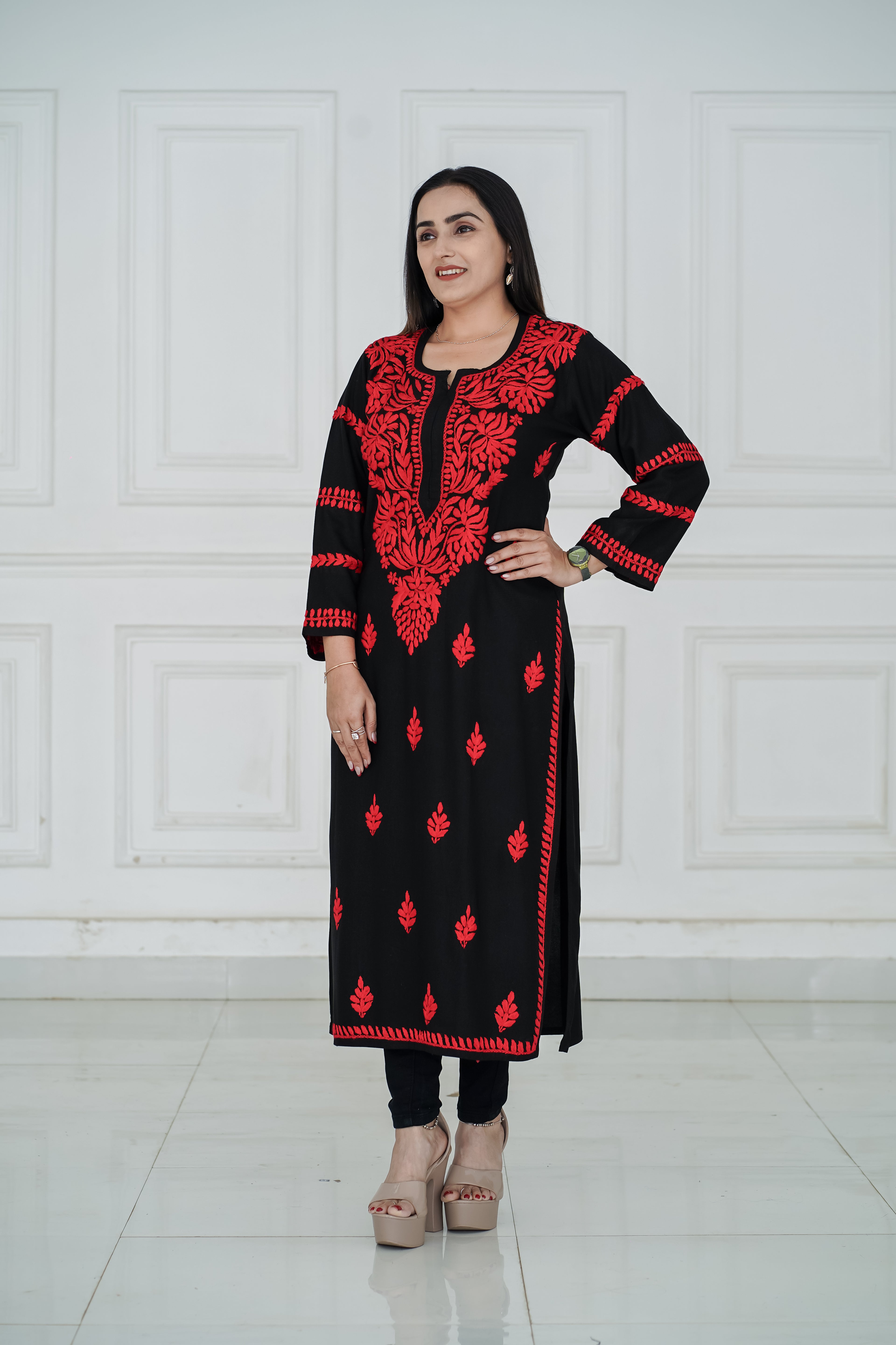 Black Rayon Kurti with Red chikankari