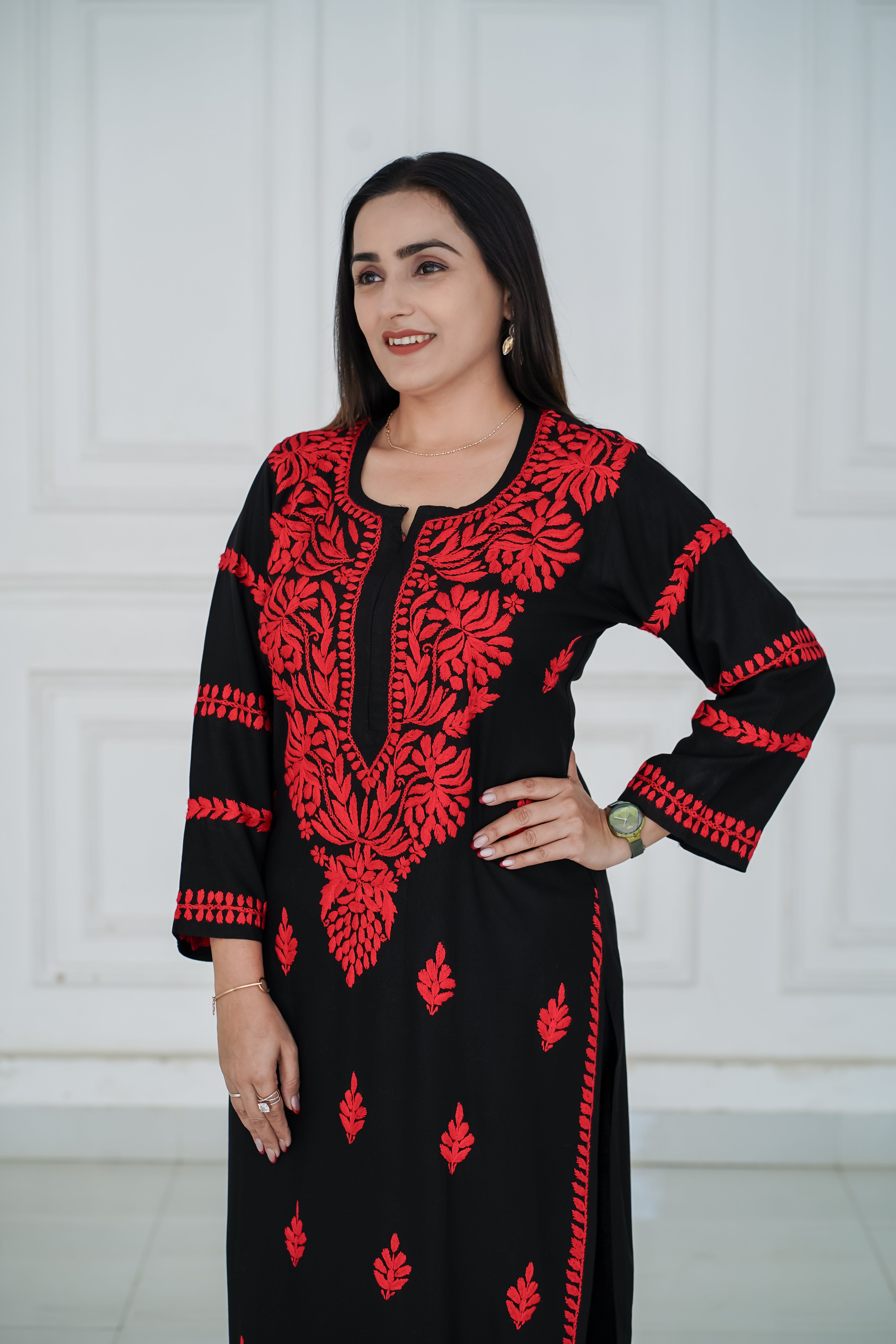 Black Rayon Kurti with Red chikankari