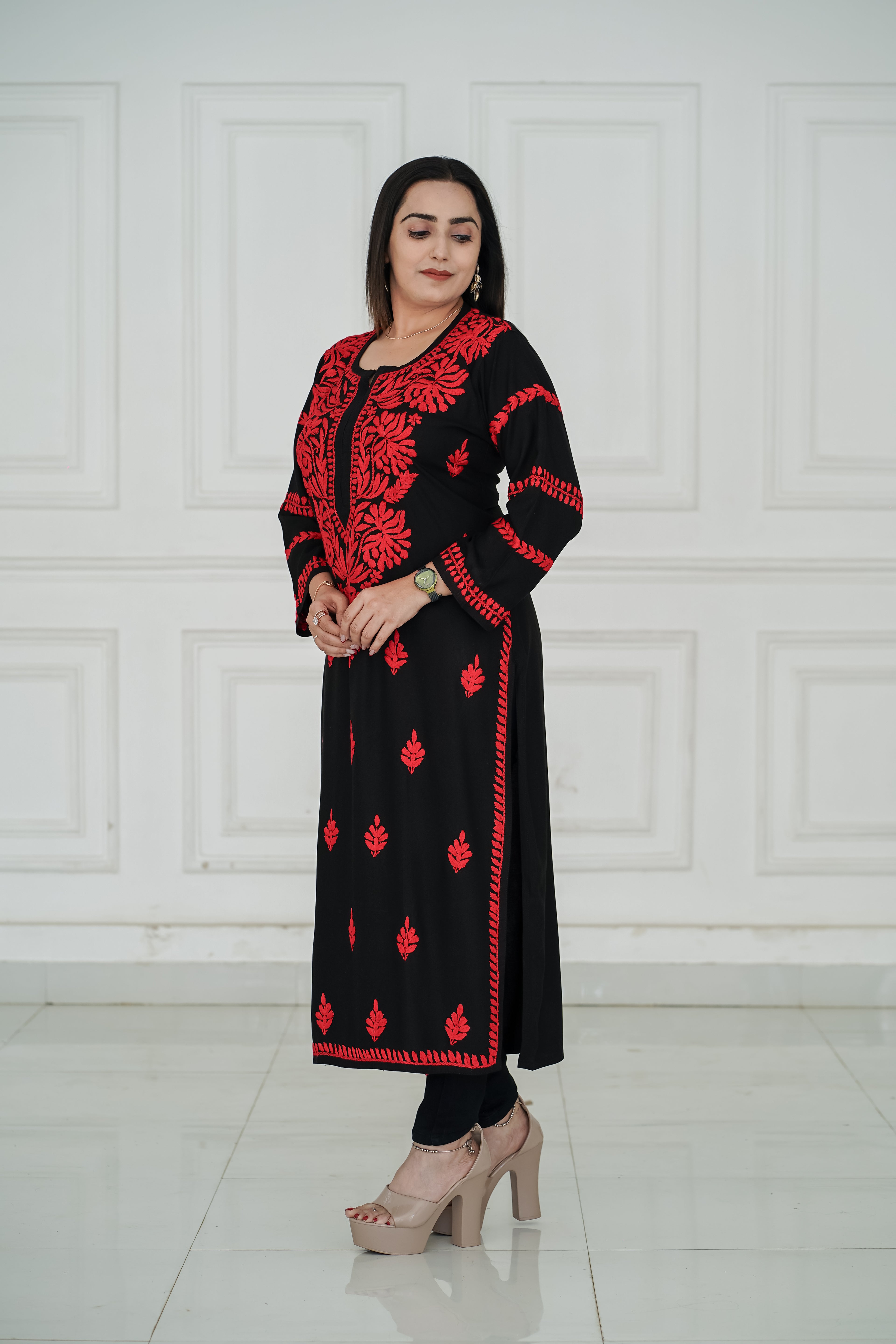 Black Rayon Kurti with Red chikankari