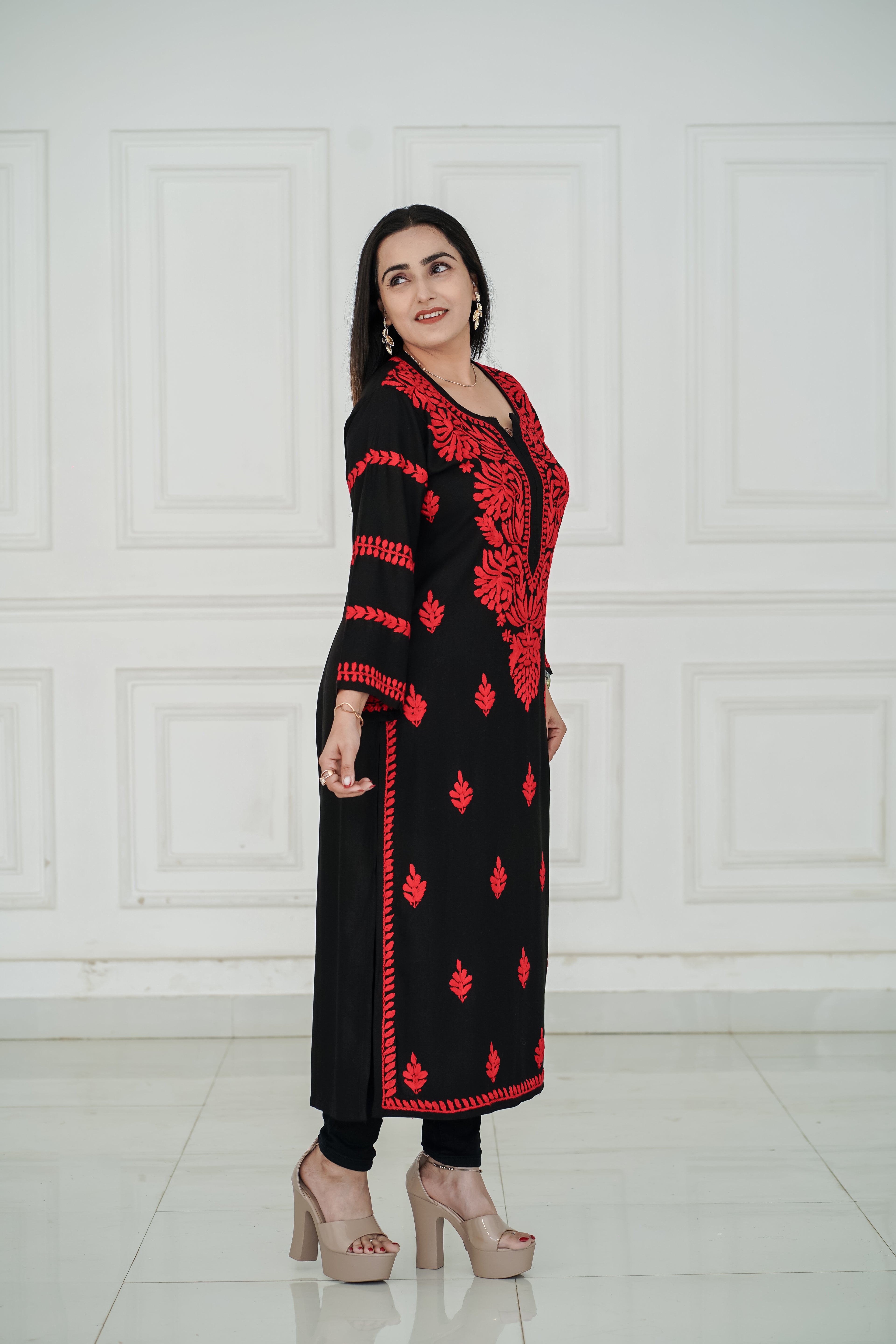 Black Rayon Kurti with Red chikankari