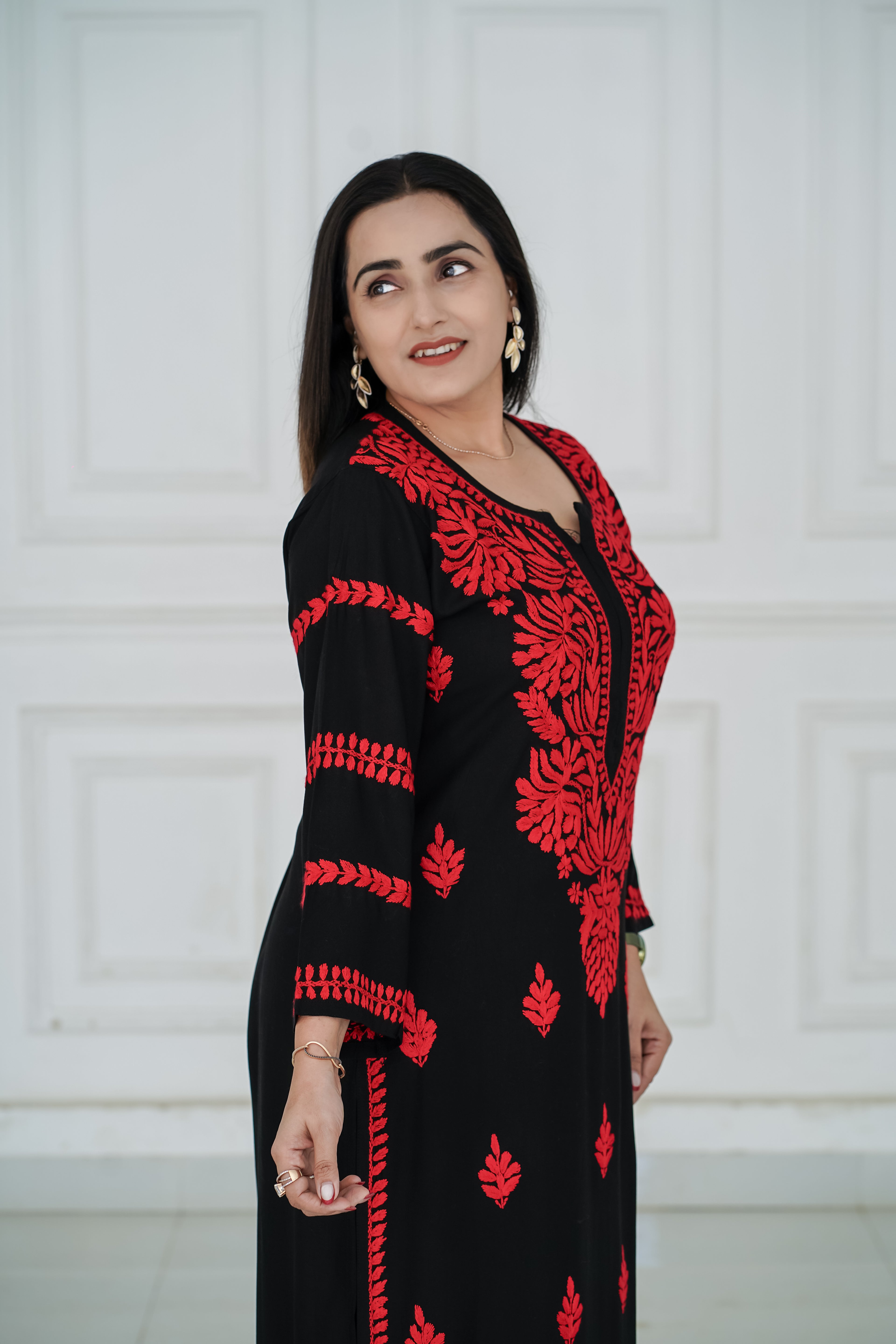 Black Rayon Kurti with Red chikankari