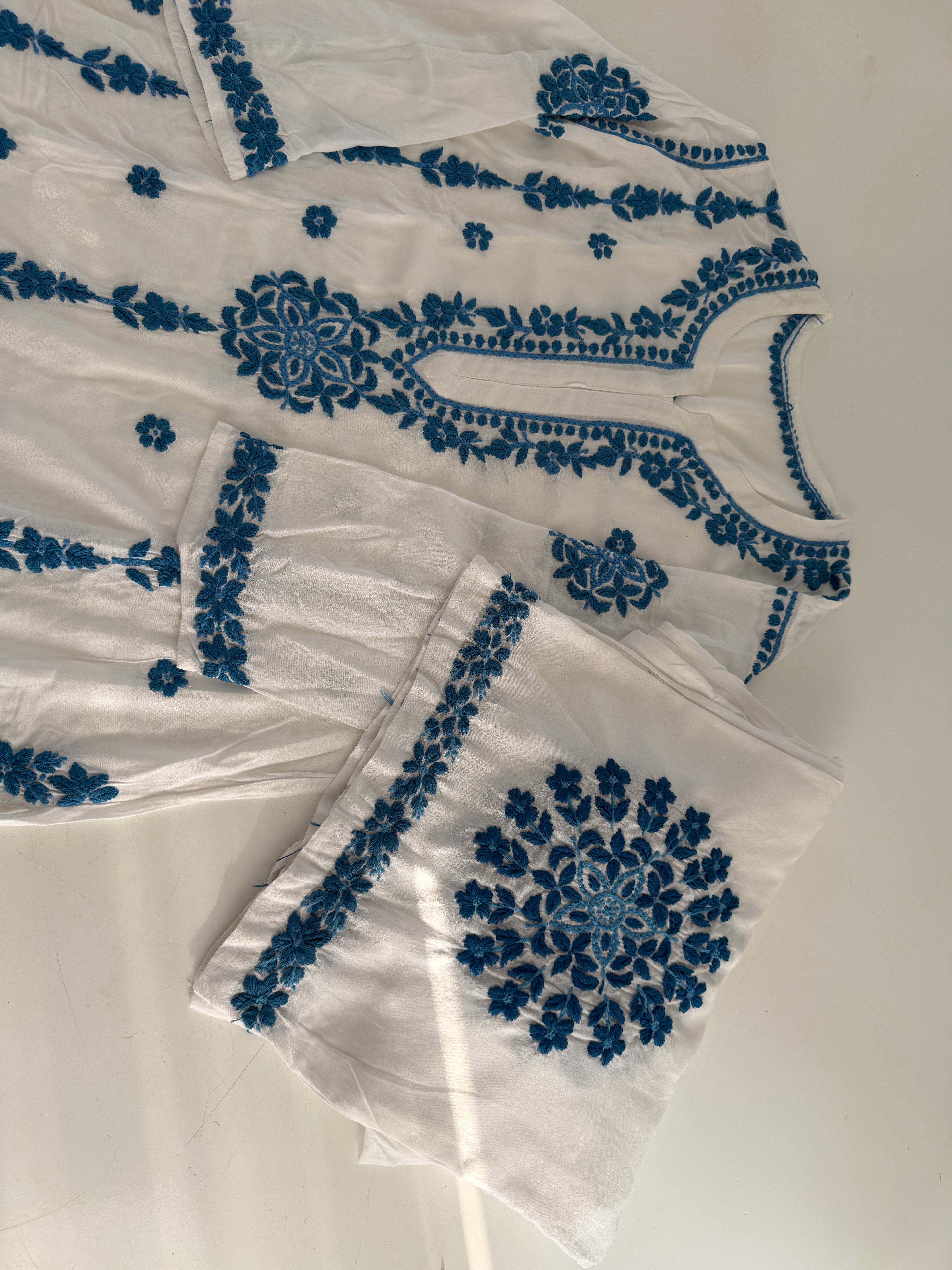 Pure Rayon White Plazo Set with Blue heavy chikankari work
