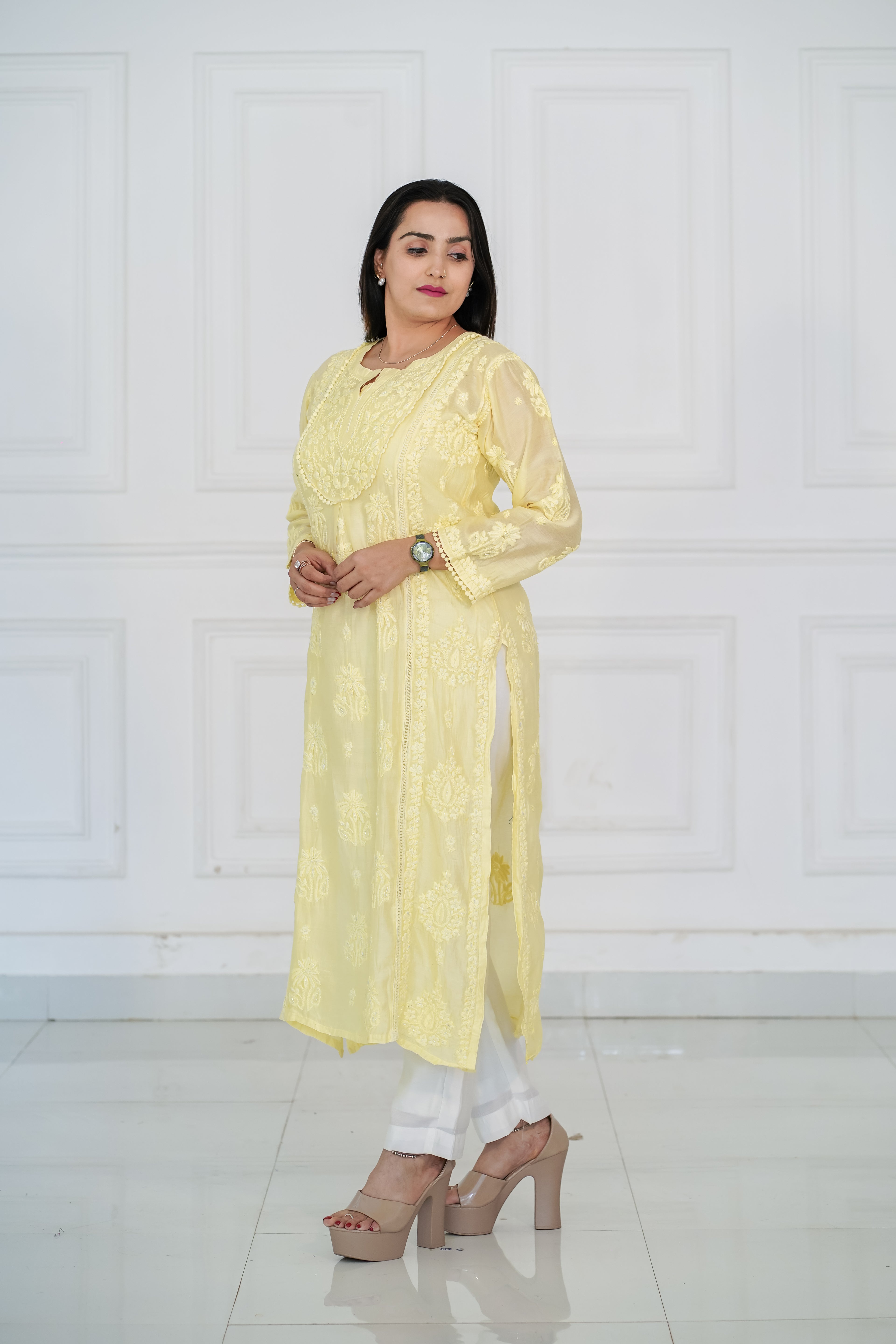 Chanderi with Handwork Kurti Lemon Yellow Colour