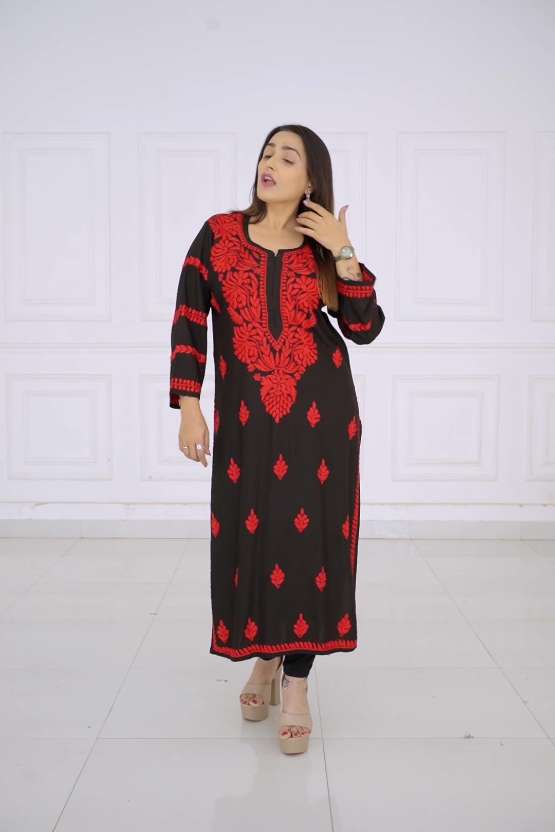 Black Rayon Kurti with Red chikankari