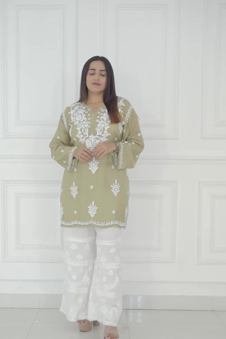 Sage-green muslin kurti 3d chikankari