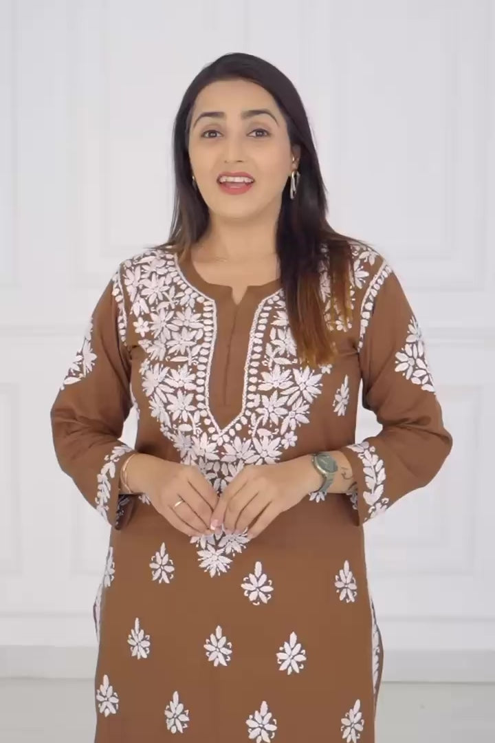 Brown and Maroon colour Rayon Traditional Chikankari design kurti